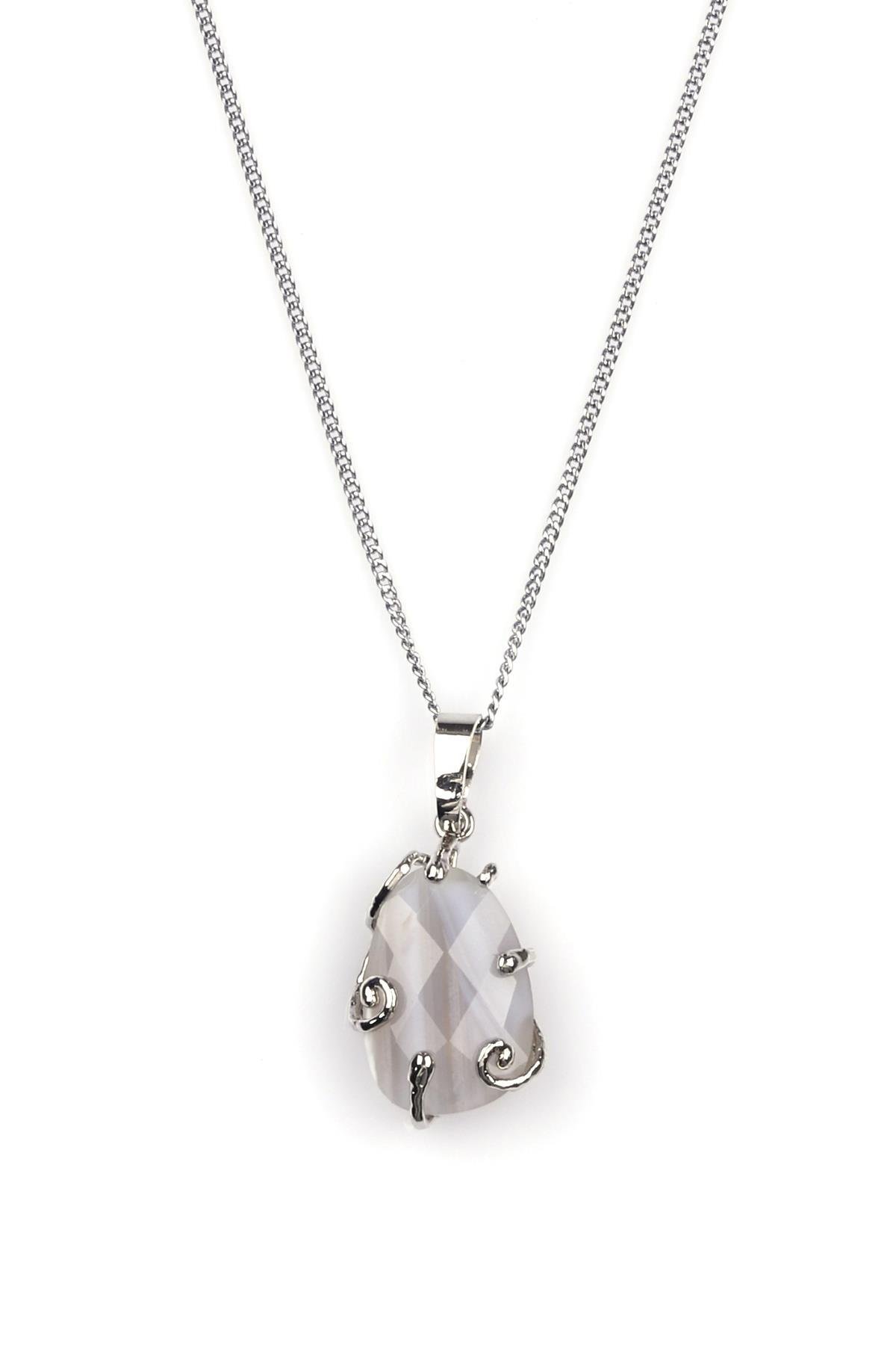 Akik Doğal Taş Gümüş Renkli Kolye