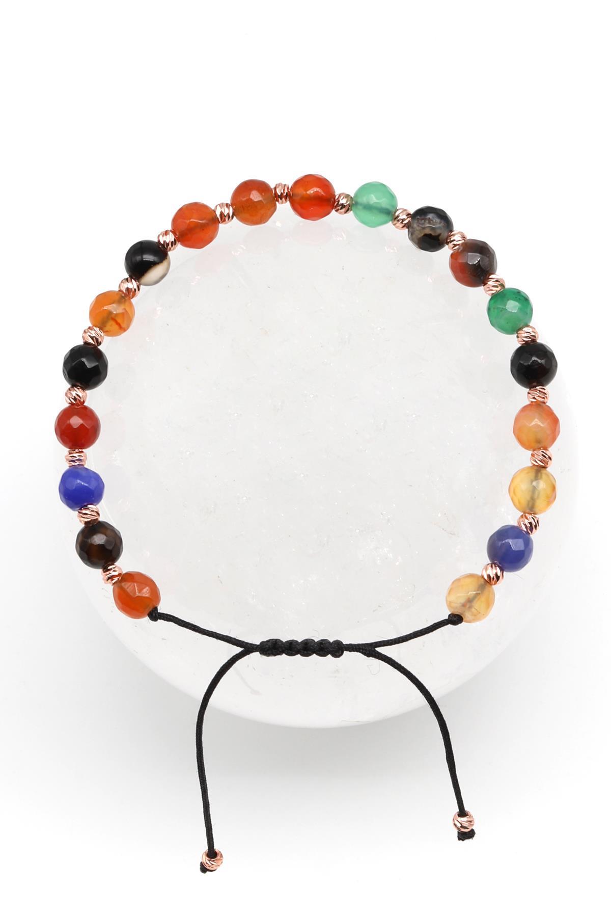 Akik Doğal Taş Makrome Örme Bileklik Fasetli Küre Kesim