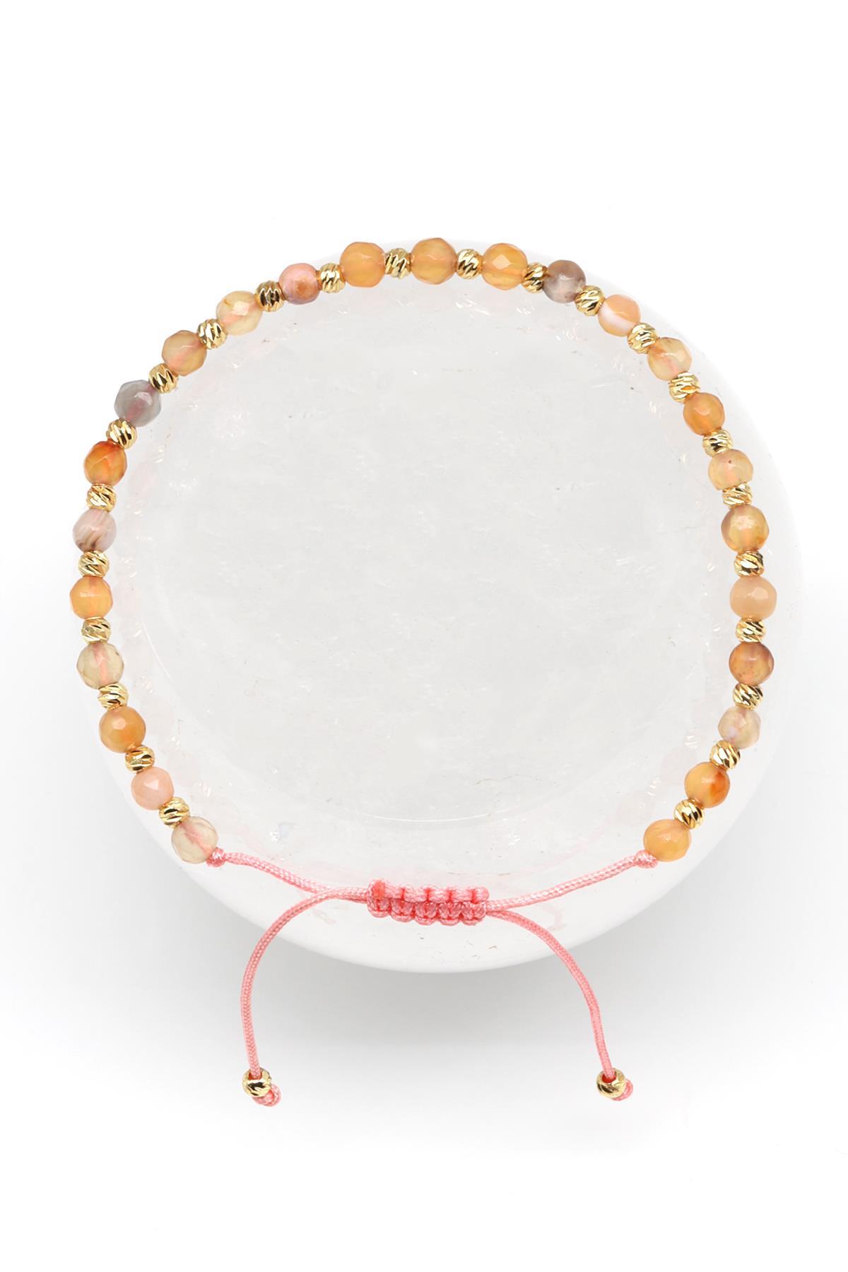 Akik Doğal Taş Makrome Örme Bileklik Fasetli Küre Kesim