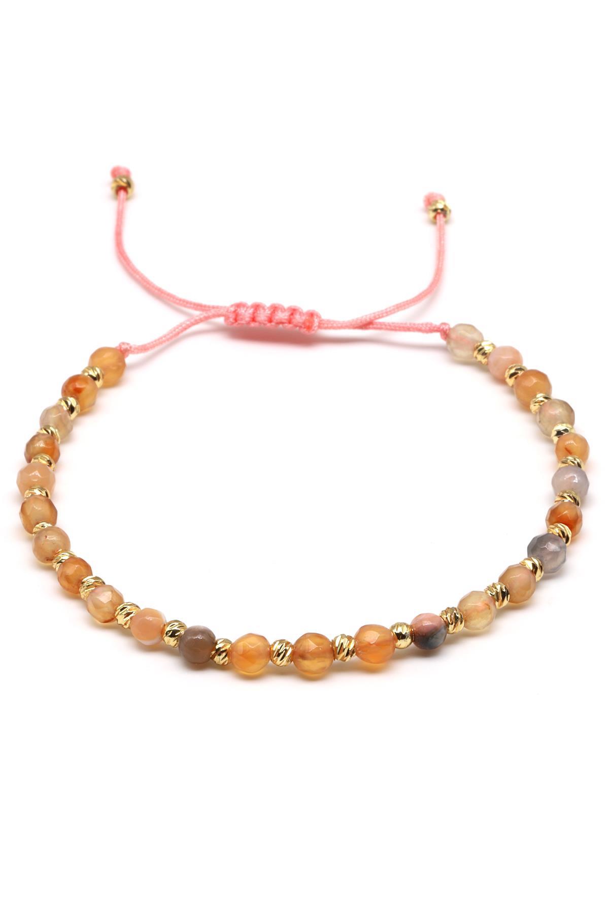 Akik Doğal Taş Makrome Örme Bileklik Fasetli Küre Kesim