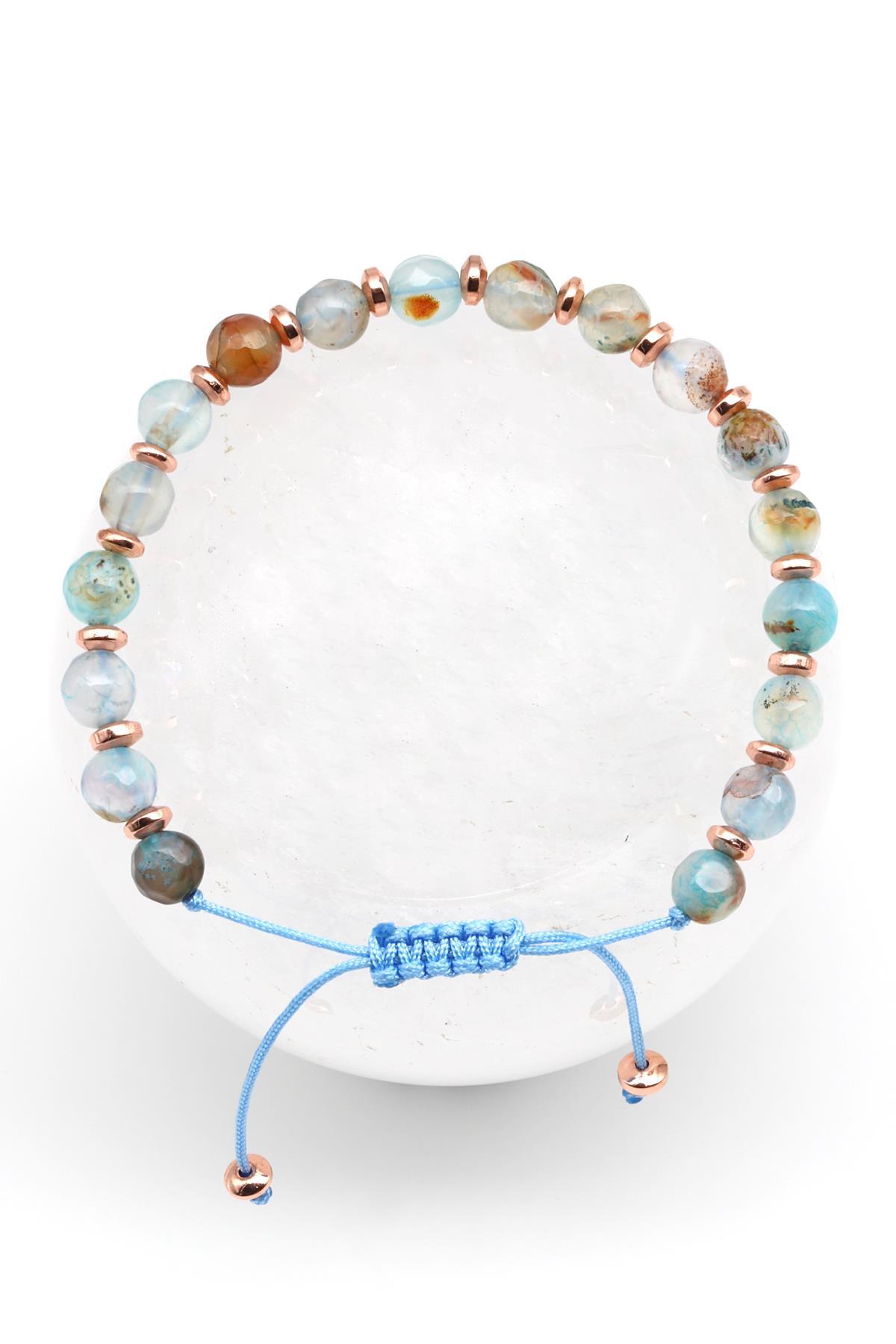 Akik Doğal Taş Makrome Örme Bileklik Fasetli Küre Kesim