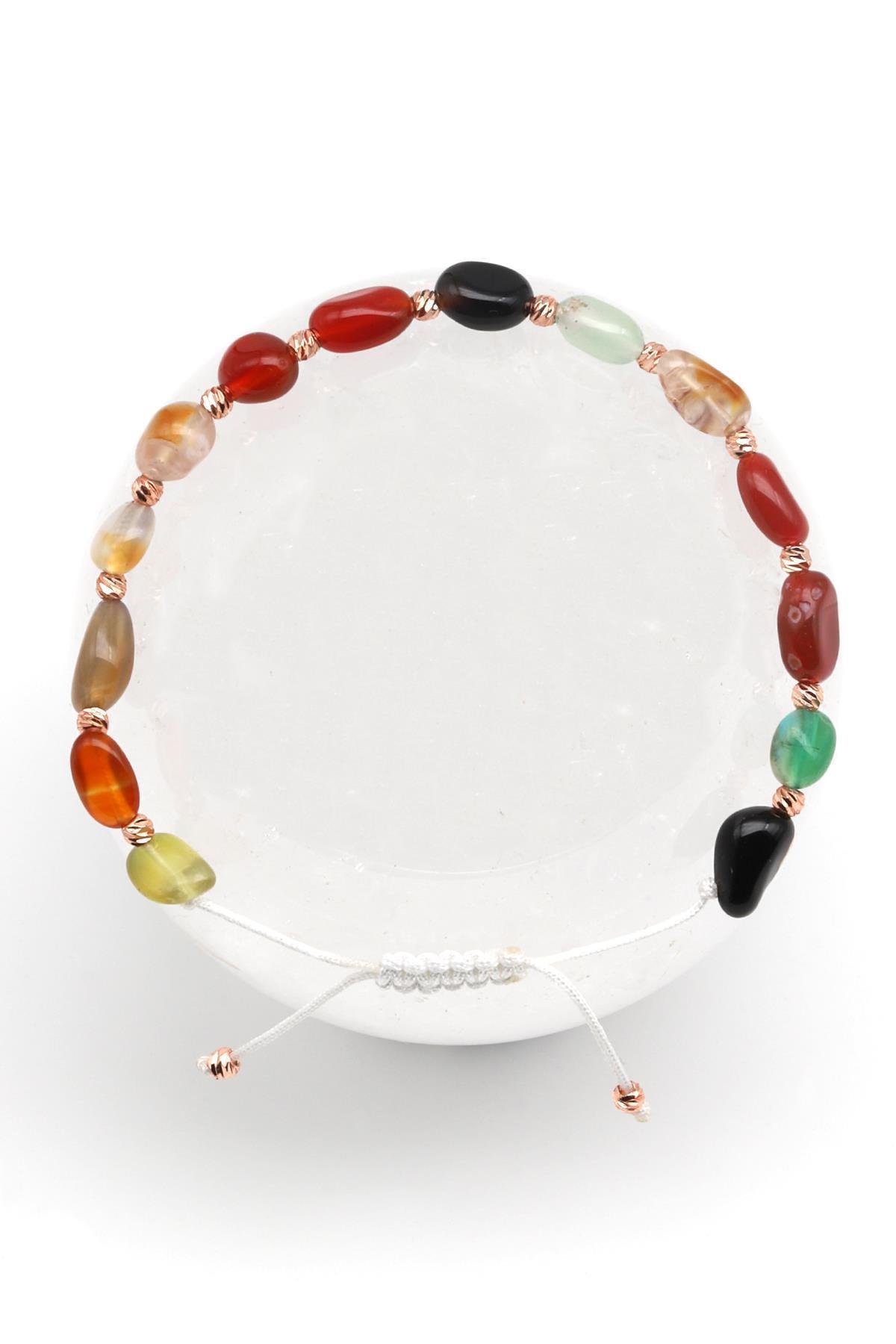 Akik Doğal Taş Makrome Örme Bileklik Mercimek Kesim