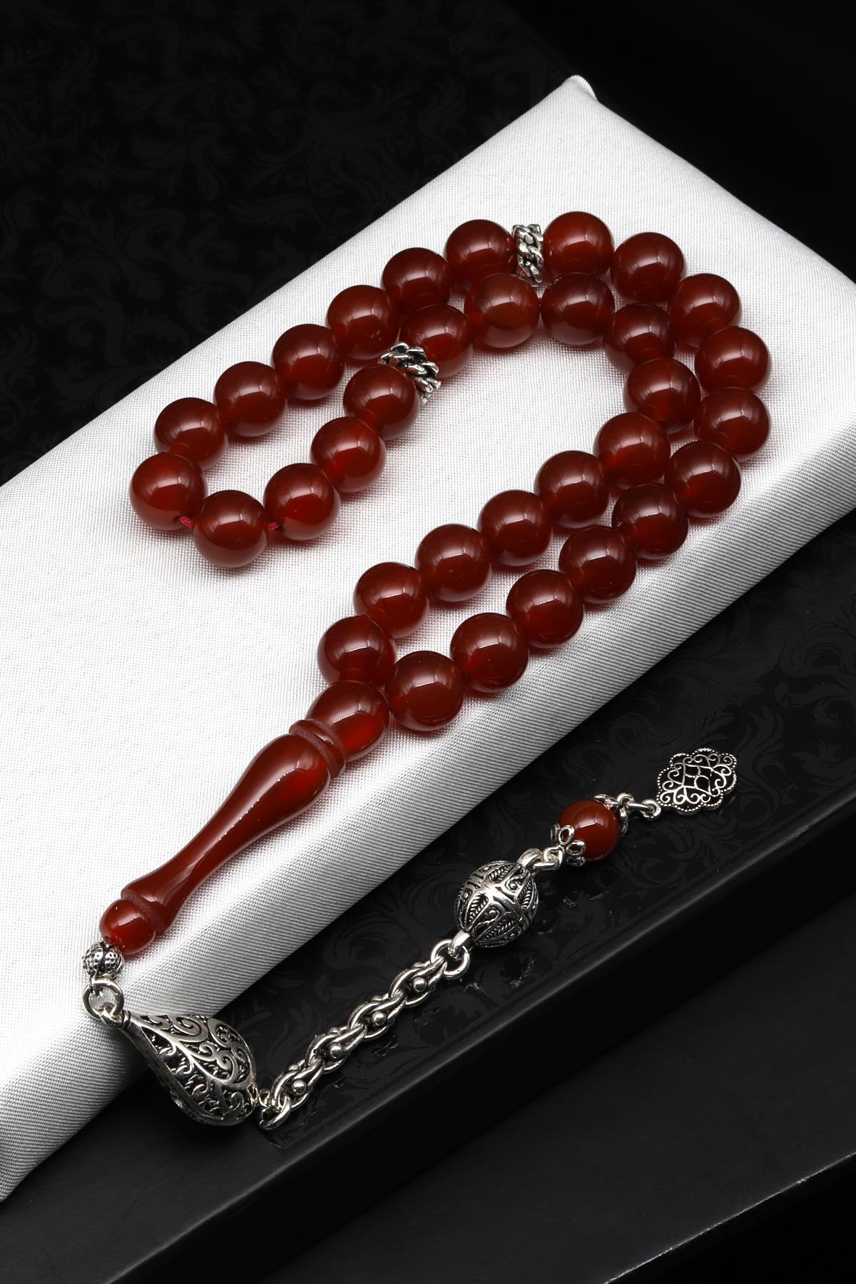 Akik Doğal Taş Tesbih 10 mm Gümüş Püsküllü Küre Kesim