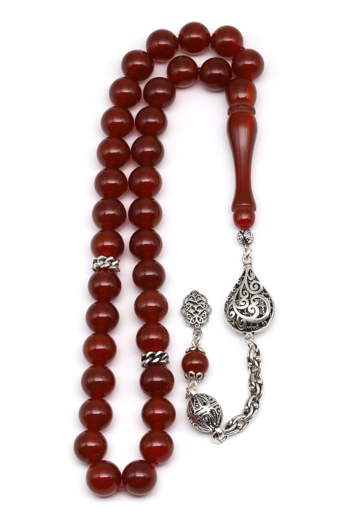 Akik Doğal Taş Tesbih 10 mm Gümüş Püsküllü Küre Kesim