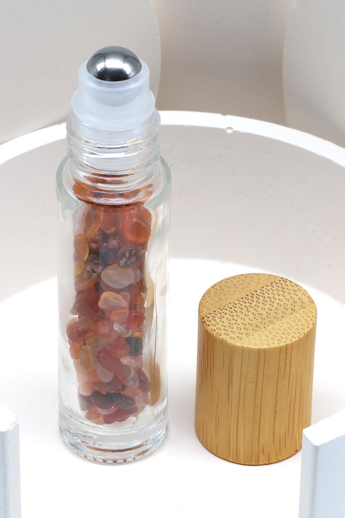 Akik Doğal Taşlı Bambu Kapaklı Doldurulabilir Esans ve Yağ Şişesi - Hematit Uçlu