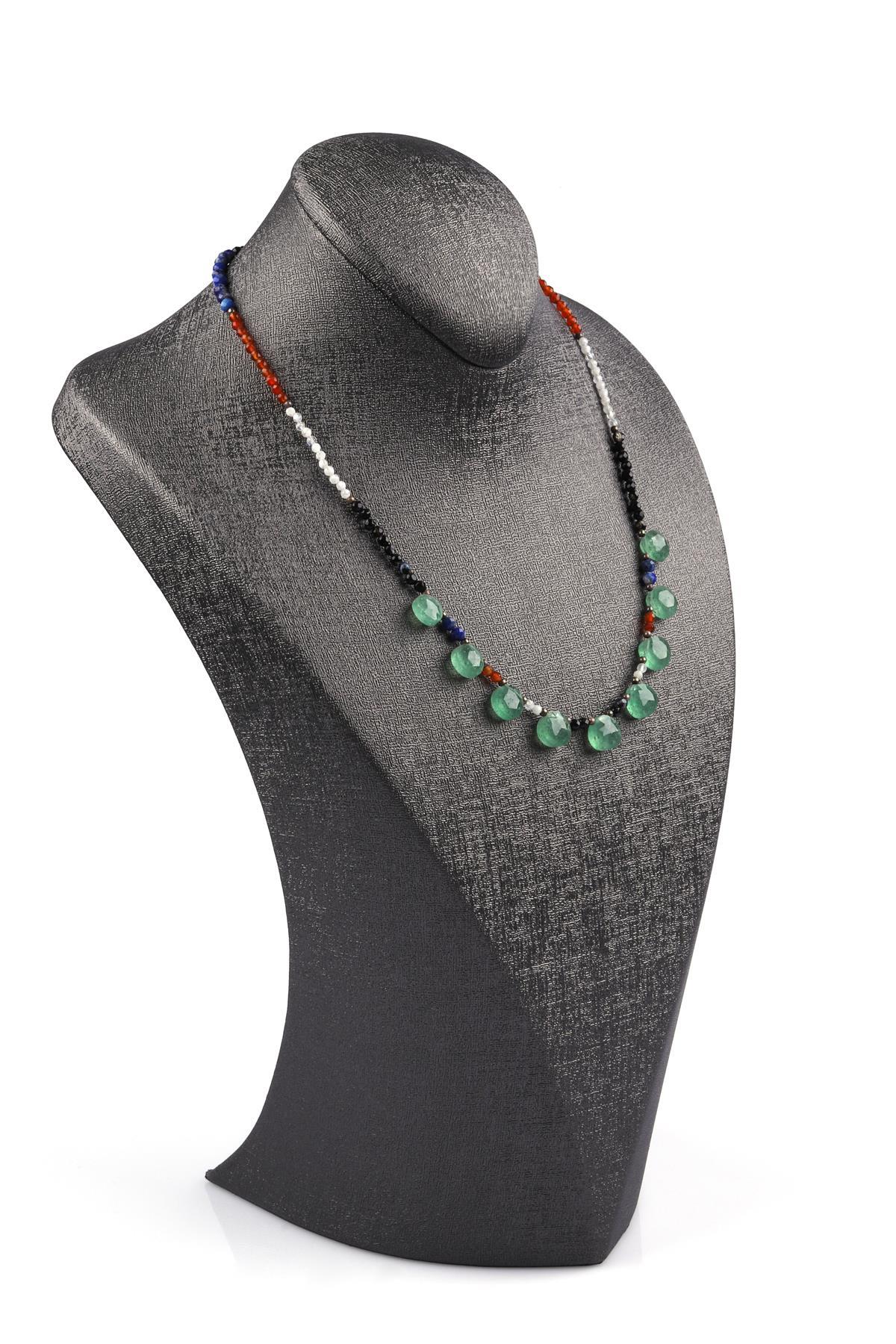 Akik - Lapis Lazuli - Göz Akik - Ay Taşı - Yeşil Kuvars Doğal Taş Tasarım Kolye