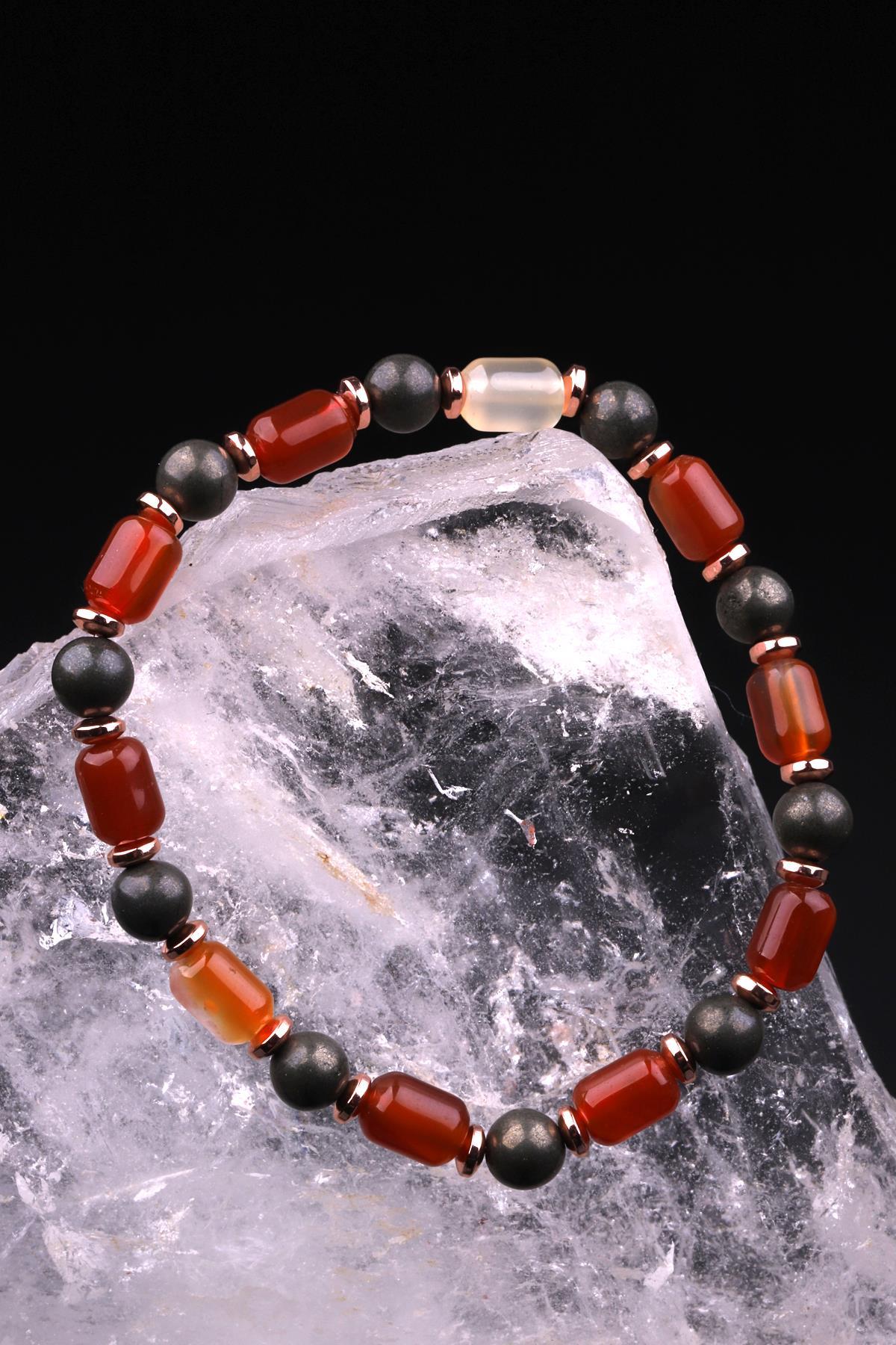 Akik - Pirit - Hematit Doğal Taş Tasarım Bileklik 