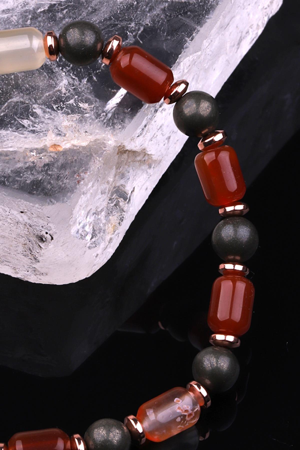 Akik - Pirit - Hematit Doğal Taş Tasarım Bileklik 