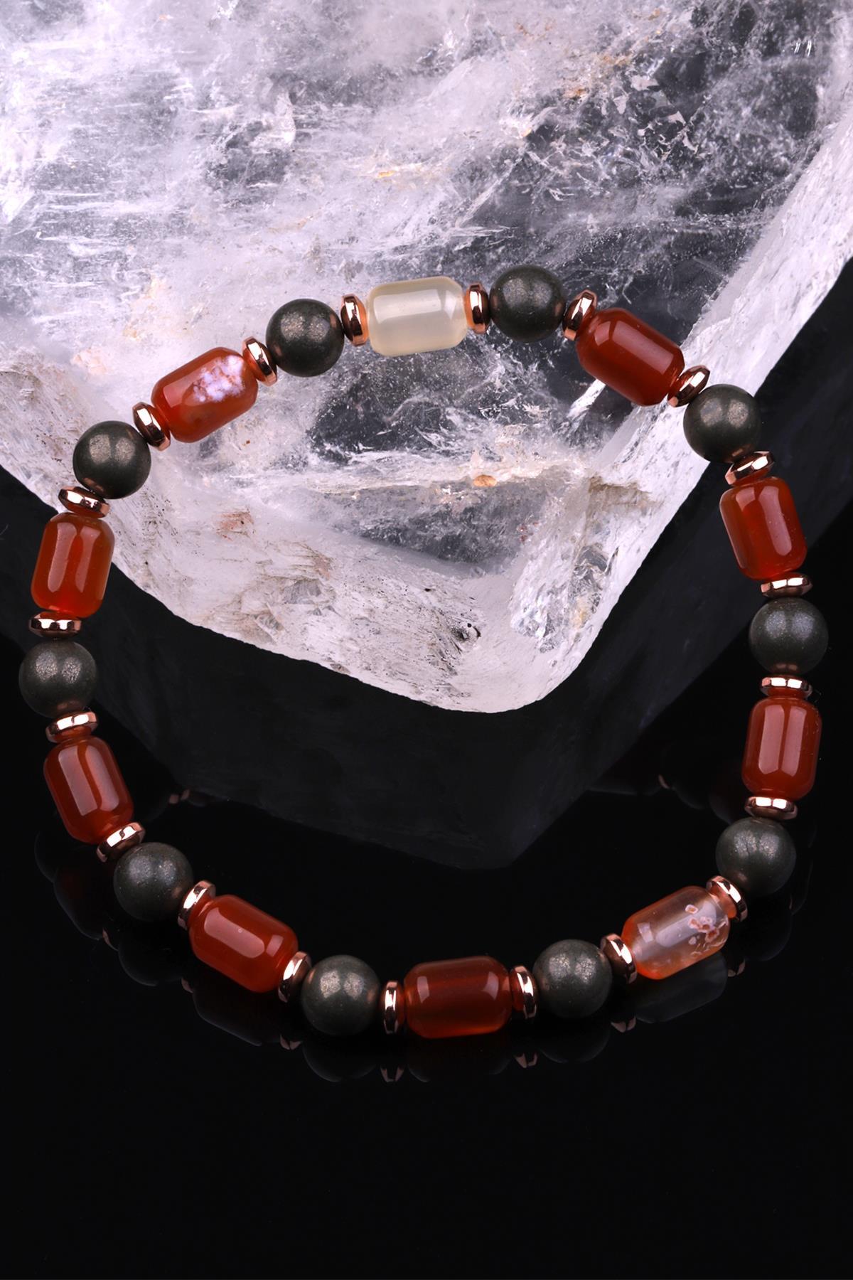 Akik - Pirit - Hematit Doğal Taş Tasarım Bileklik 