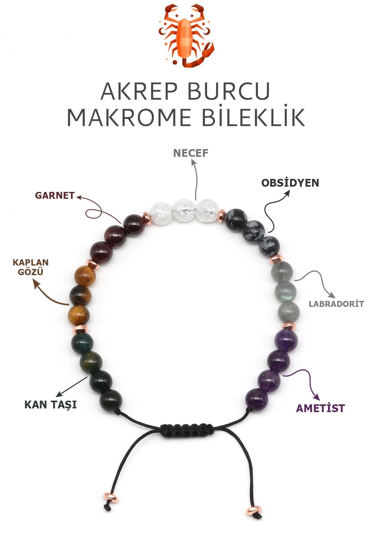 Akrep Burcu Taşlarından Oluşan Doğal Taş Makrome Bileklik 6 mm Küre Kesim - Burç Bilekliği