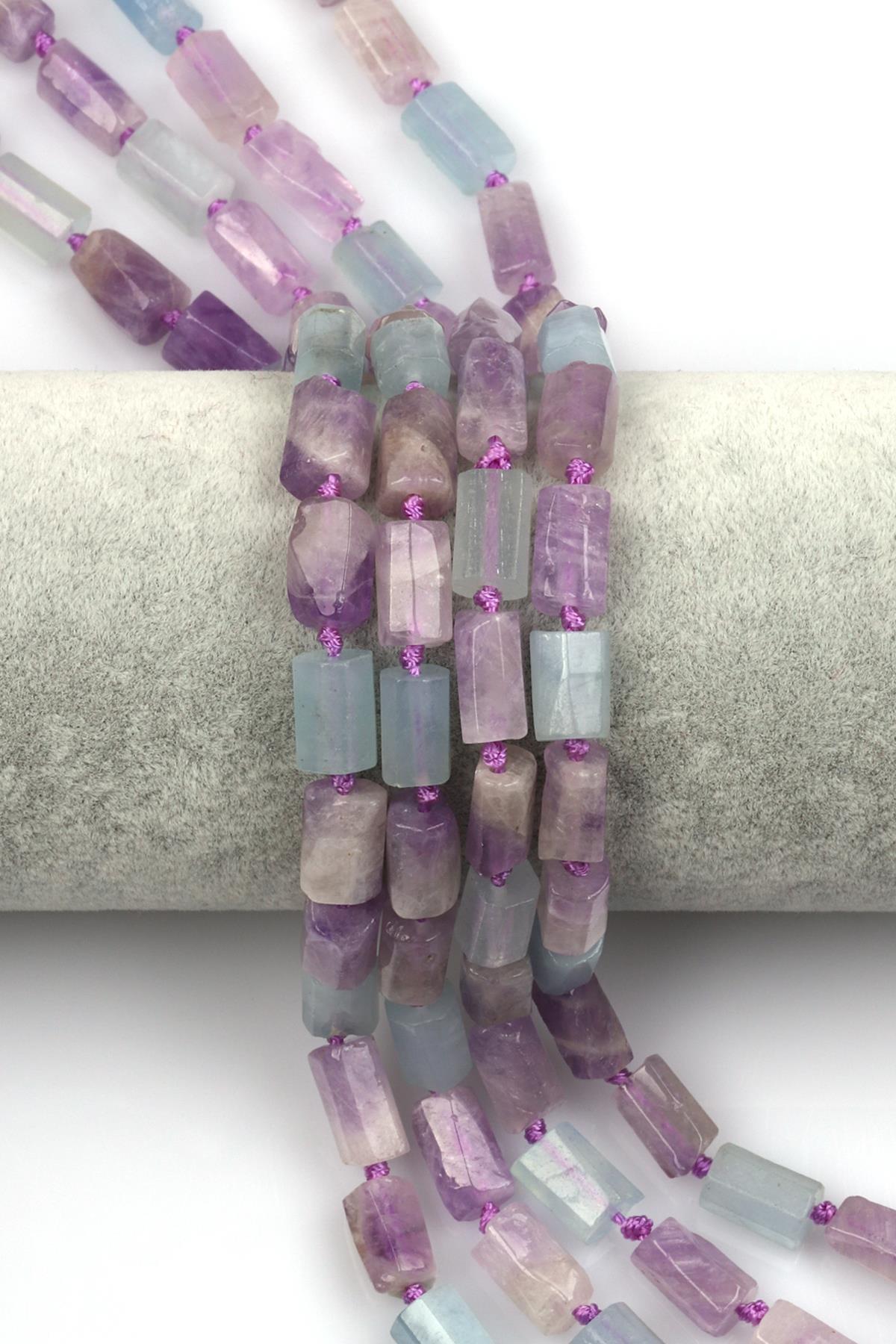 Akuamarin - Ametist Doğal Taş Dizi 7 x 12 mm Boru Kesim