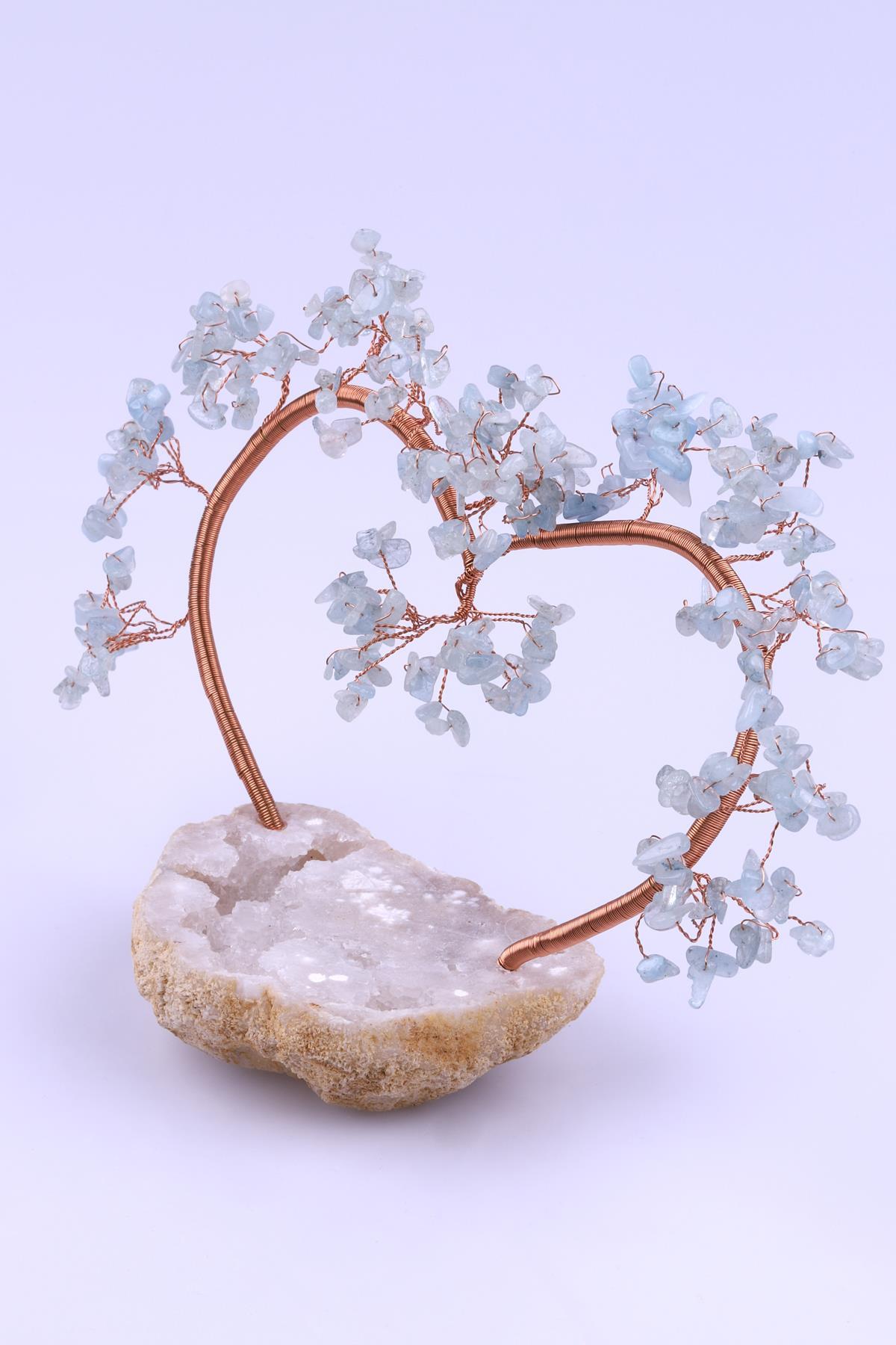 Akuamarin Doğal Taş Kalp Model Ağaç