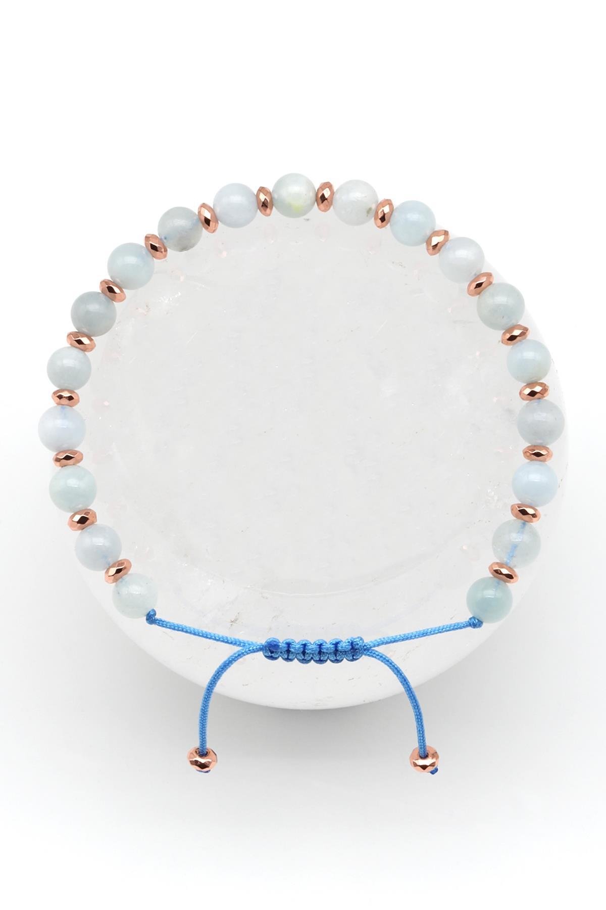 Akuamarin Doğal Taş Makrome Örme Bileklik Küre Kesim