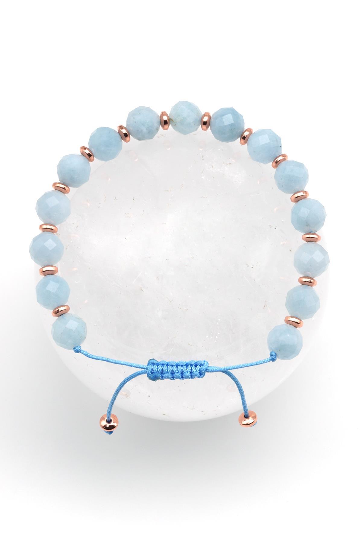 Akuamarin Doğal Taş Makrome Örme Bileklik Fasetli Kesim