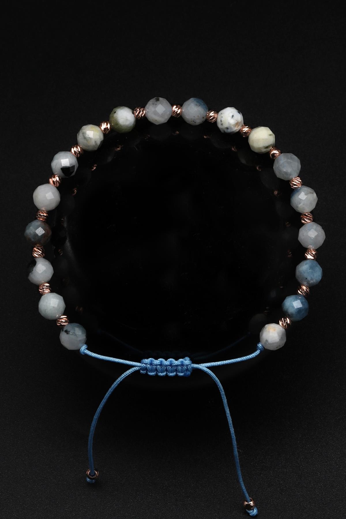 Akuamarin Doğal Taş Makrome Örme Bileklik Fasetli Küre Kesim