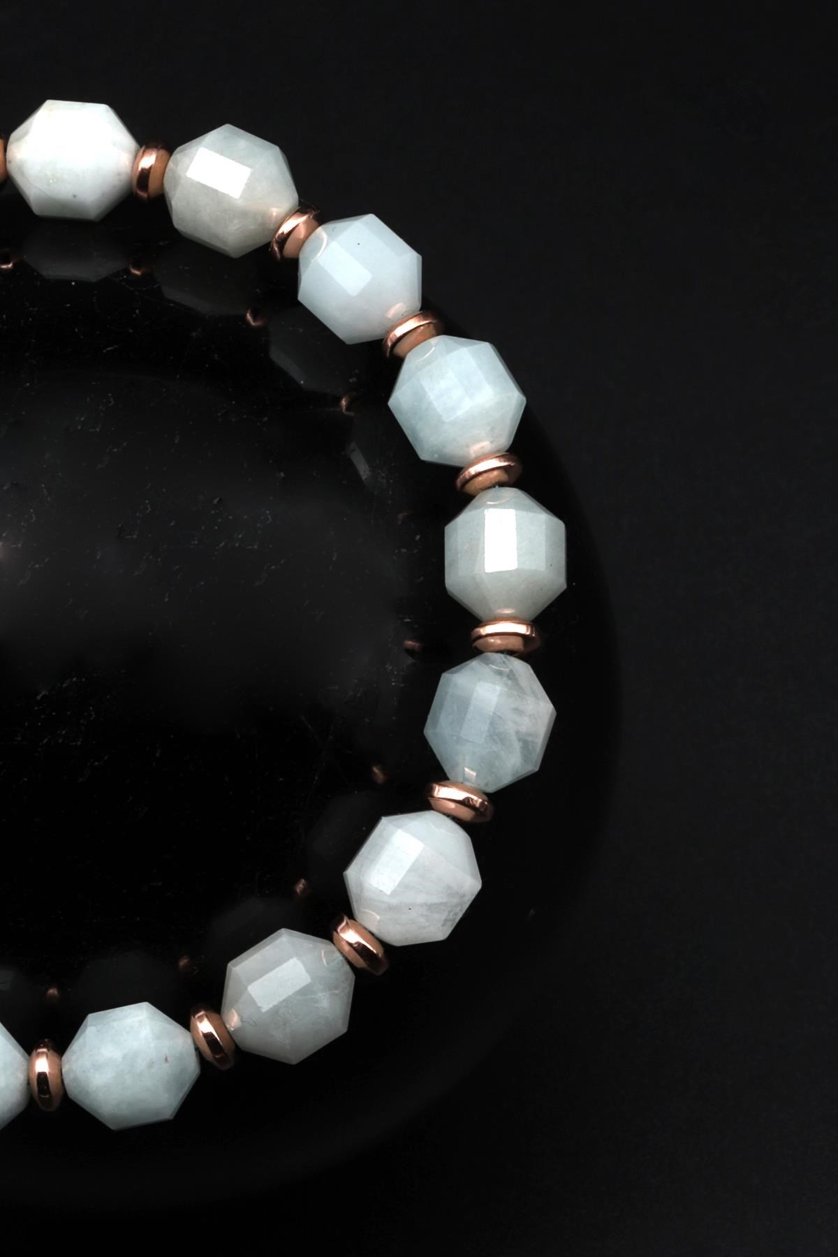 Akuamarin Doğal Taş Makrome Örme Bileklik Hexagonal Kesim