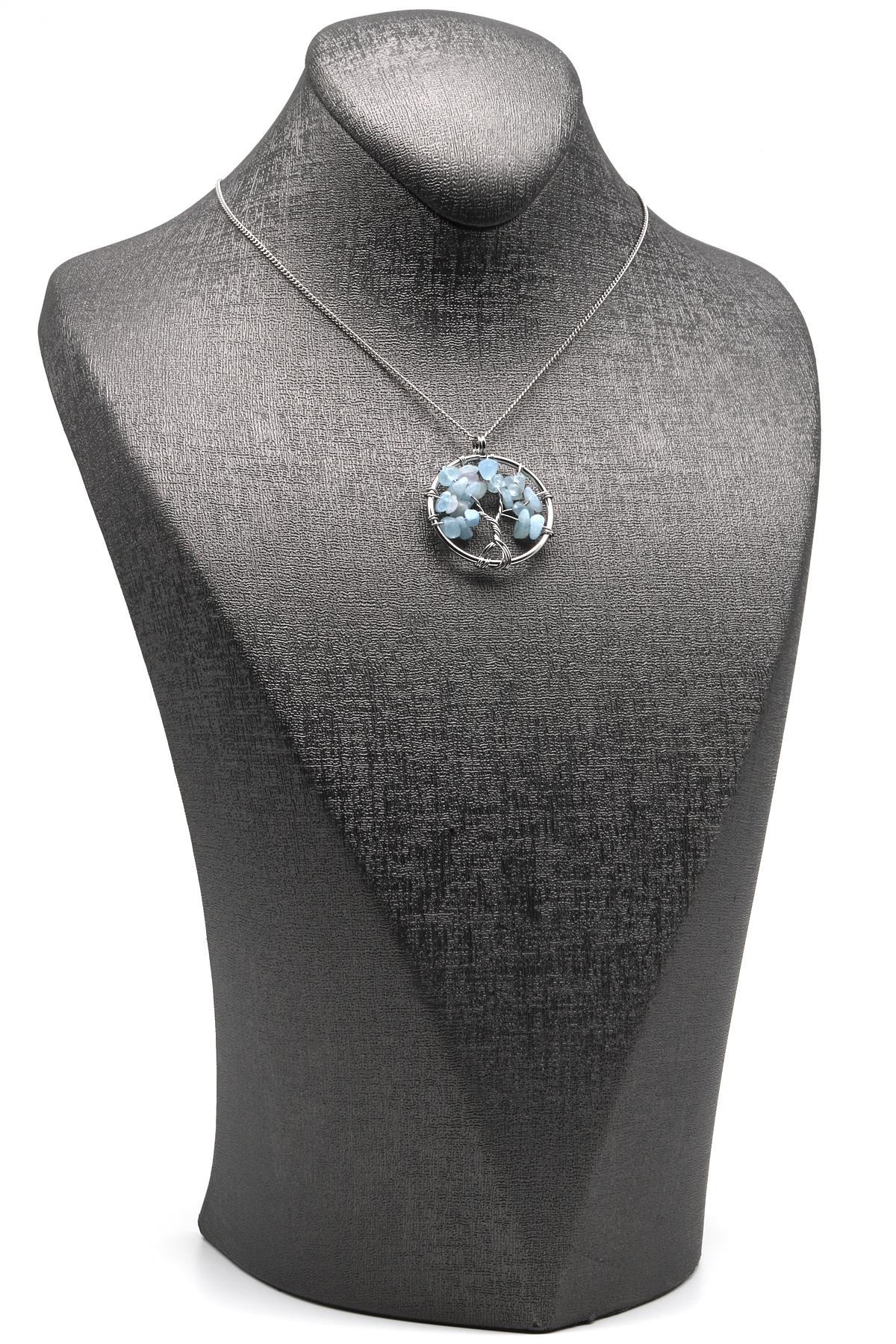 Akuamarin Doğal Taş Tel Sarmalı Hayat Ağacı Kolye