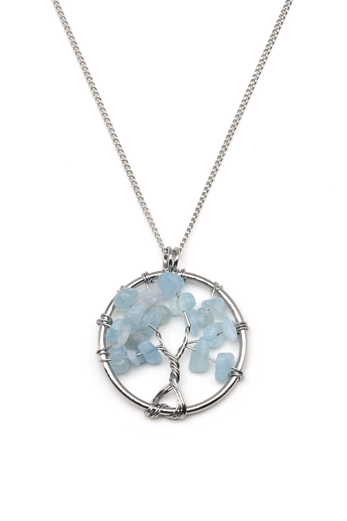 Akuamarin Doğal Taş Tel Sarmalı Hayat Ağacı Kolye