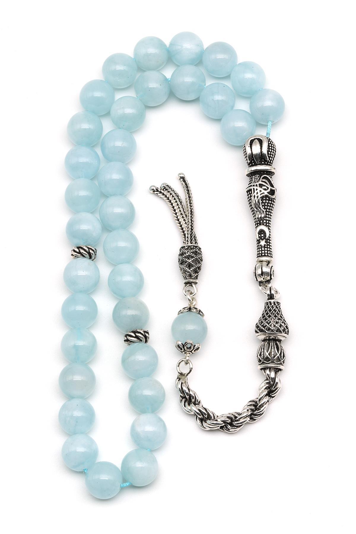 Akuamarin Doğal Taş Tesbih 925 Ayar Gümüş 8 mm Küre Kesim