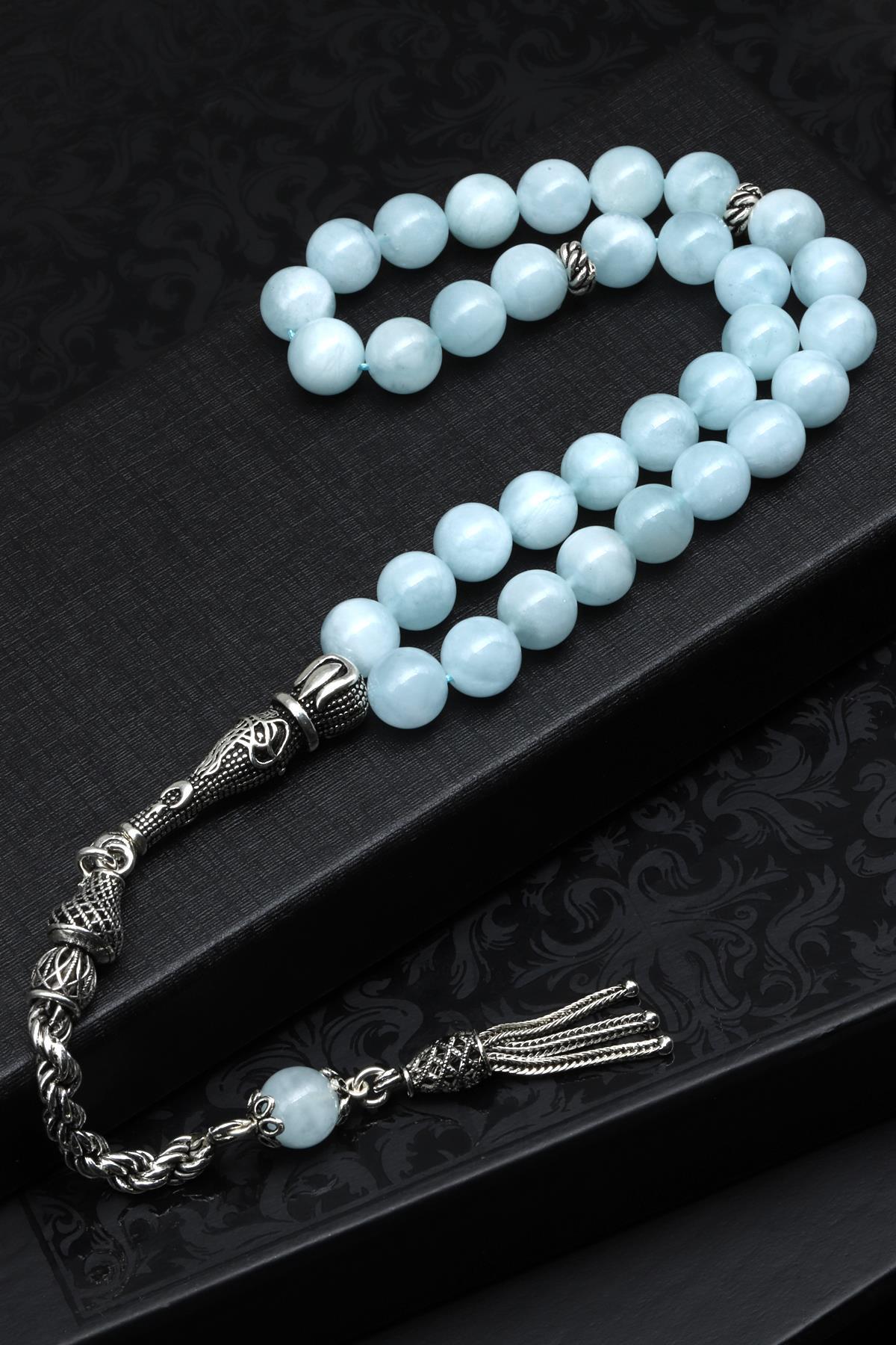 Akuamarin Doğal Taş Tesbih 925 Ayar Gümüş 8 mm Küre Kesim