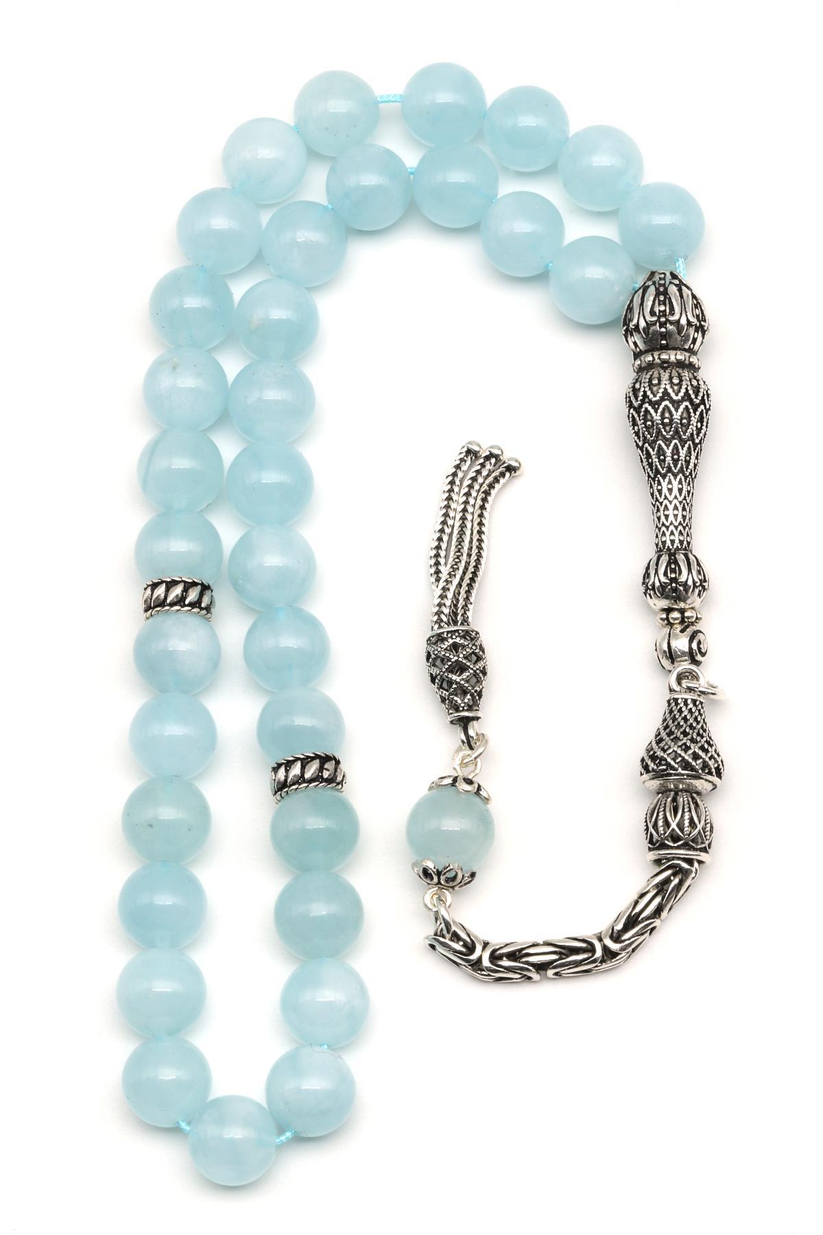 Akuamarin Doğal Taş Tesbih 925 Ayar Gümüş 8 mm Küre Kesim