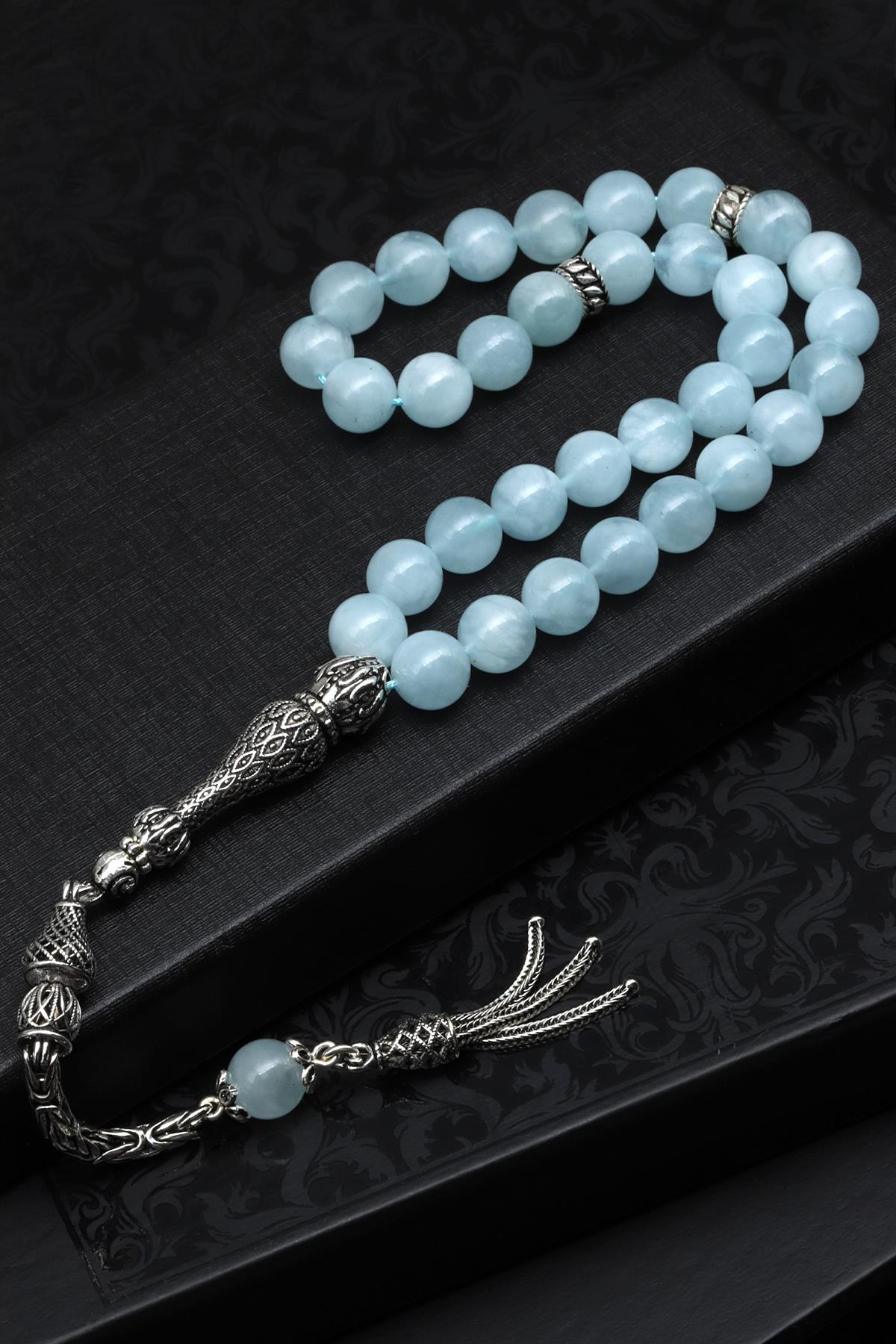 Akuamarin Doğal Taş Tesbih 925 Ayar Gümüş 8 mm Küre Kesim