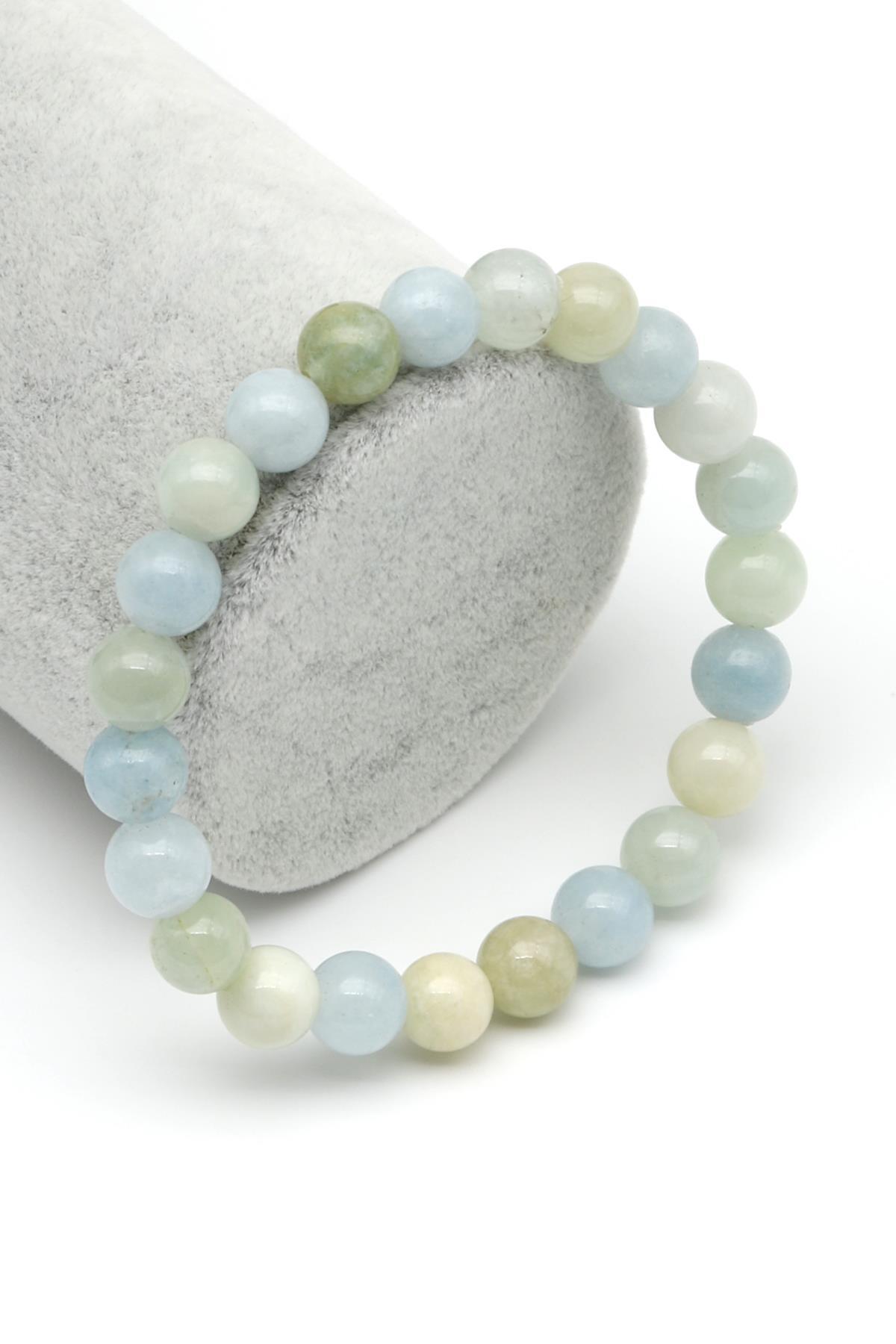 Akuamarin-Heliodor Doğal Taş Bileklik 8 mm Küre Kesim