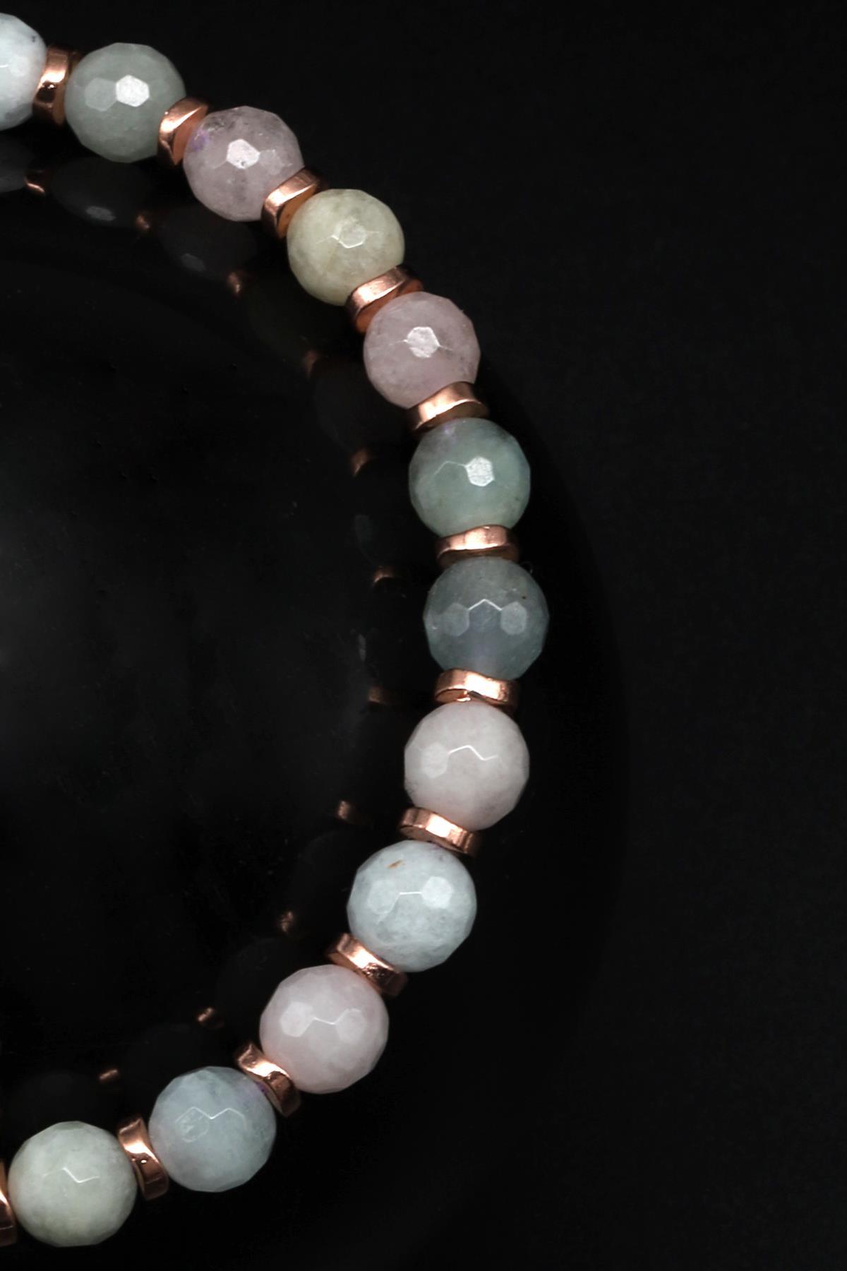 Akuamarin - Heliodor - Morganit Doğal Taş Makrome Örme Bileklik Fasetli Kesim