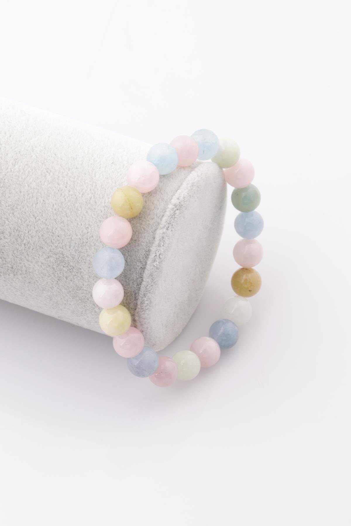 Akuamarin - Heliodor - Morganit Doğal Taş Bileklik 8 mm Küre Kesim