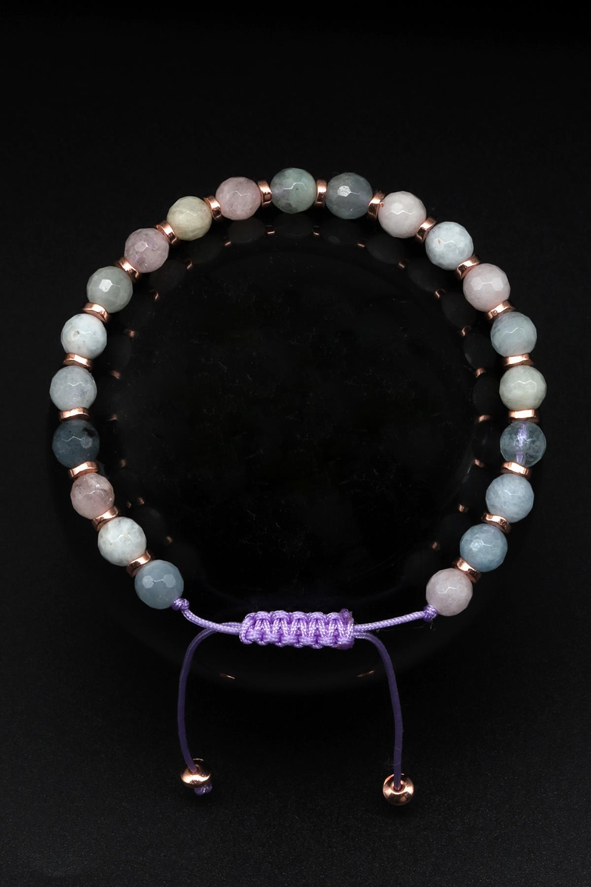 Akuamarin - Heliodor - Morganit Doğal Taş Makrome Örme Bileklik Fasetli Kesim