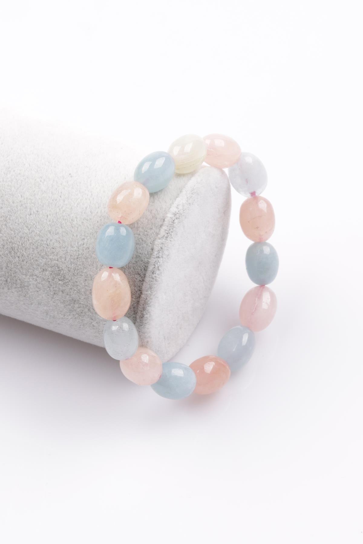 Akuamarin - Morganit Doğal Taş Bileklik 9 x 11 mm Şekilsiz Kesim