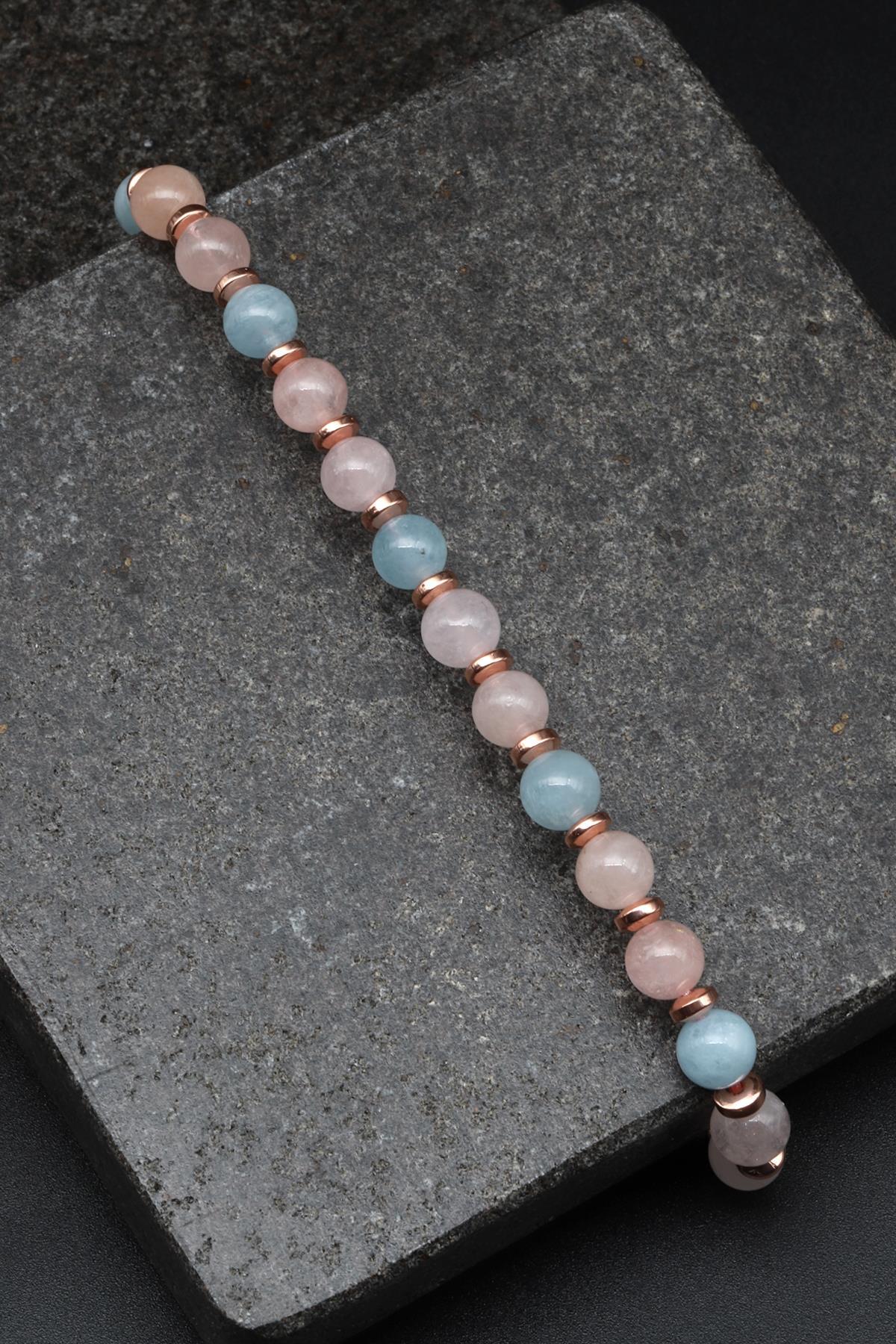 Akuamarin-Morganit Doğal Taş Makrome Örme Bileklik Küre Kesim