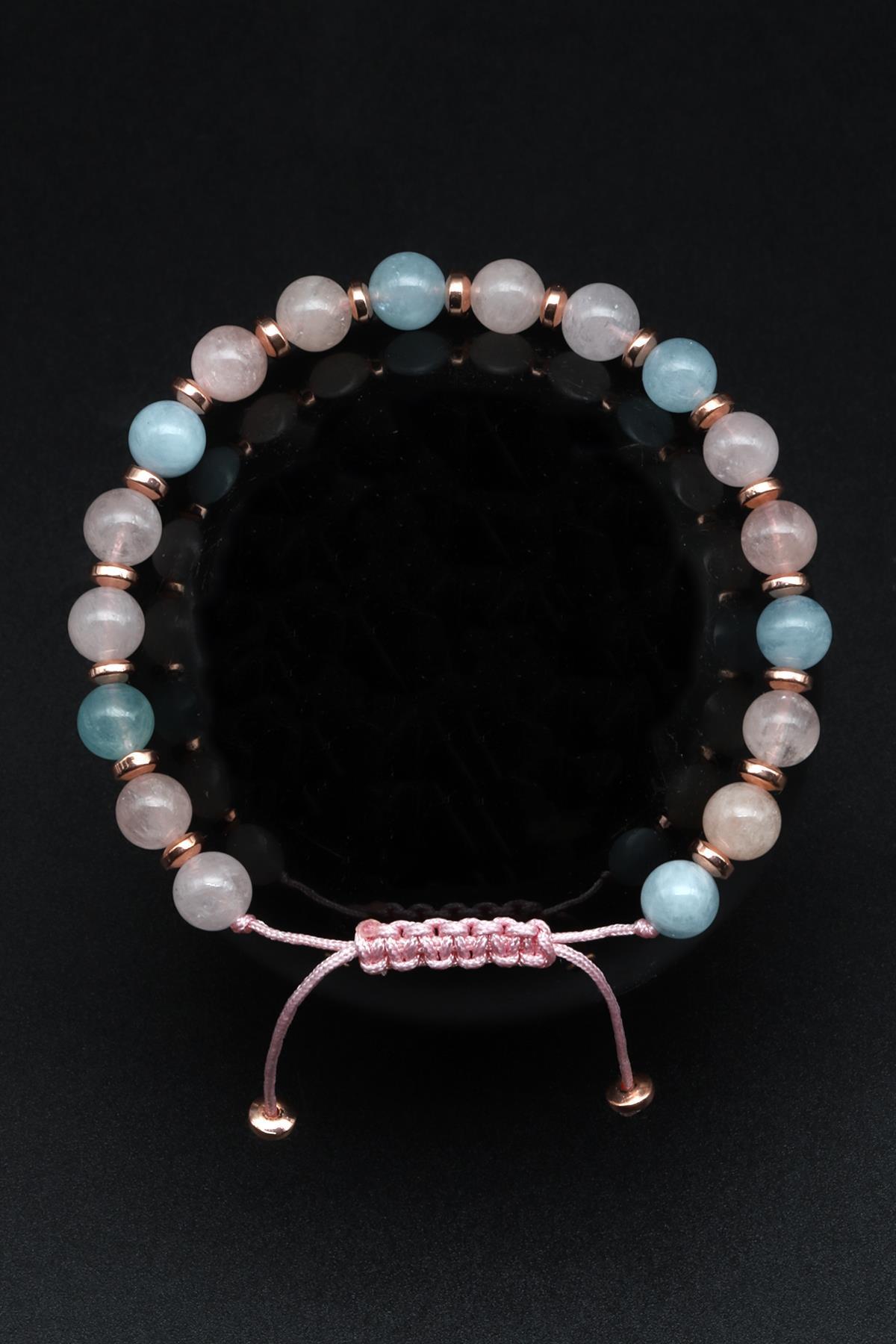 Akuamarin-Morganit Doğal Taş Makrome Örme Bileklik Küre Kesim