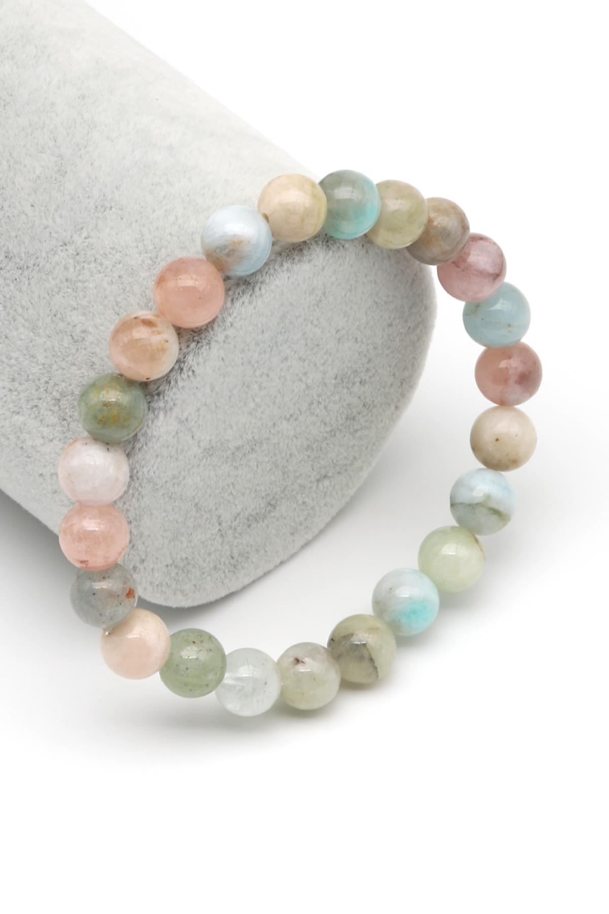 Akuamarin-Morganit-Heliodor Doğal Taş Bileklik 8 mm Küre Kesim