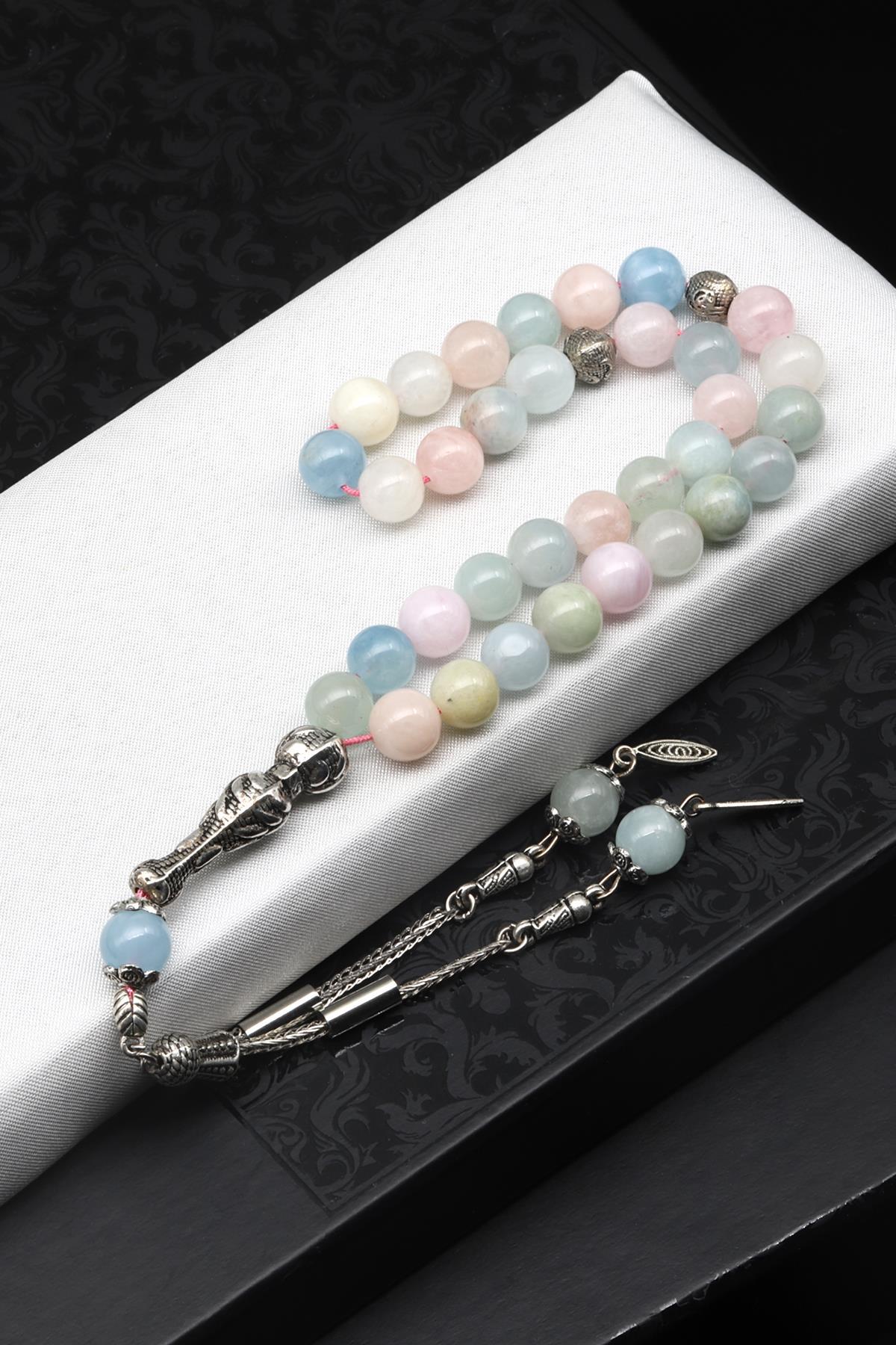 Akuamarin - Morganit - Heliodor Doğal Taş Tesbih 8 mm Küre Kesim