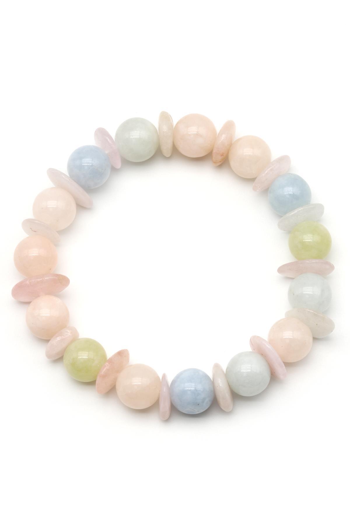 Akuamarin-Morganit-Heliodor Doğal Taş Tasarım Bileklik 10 mm Küre Kesim