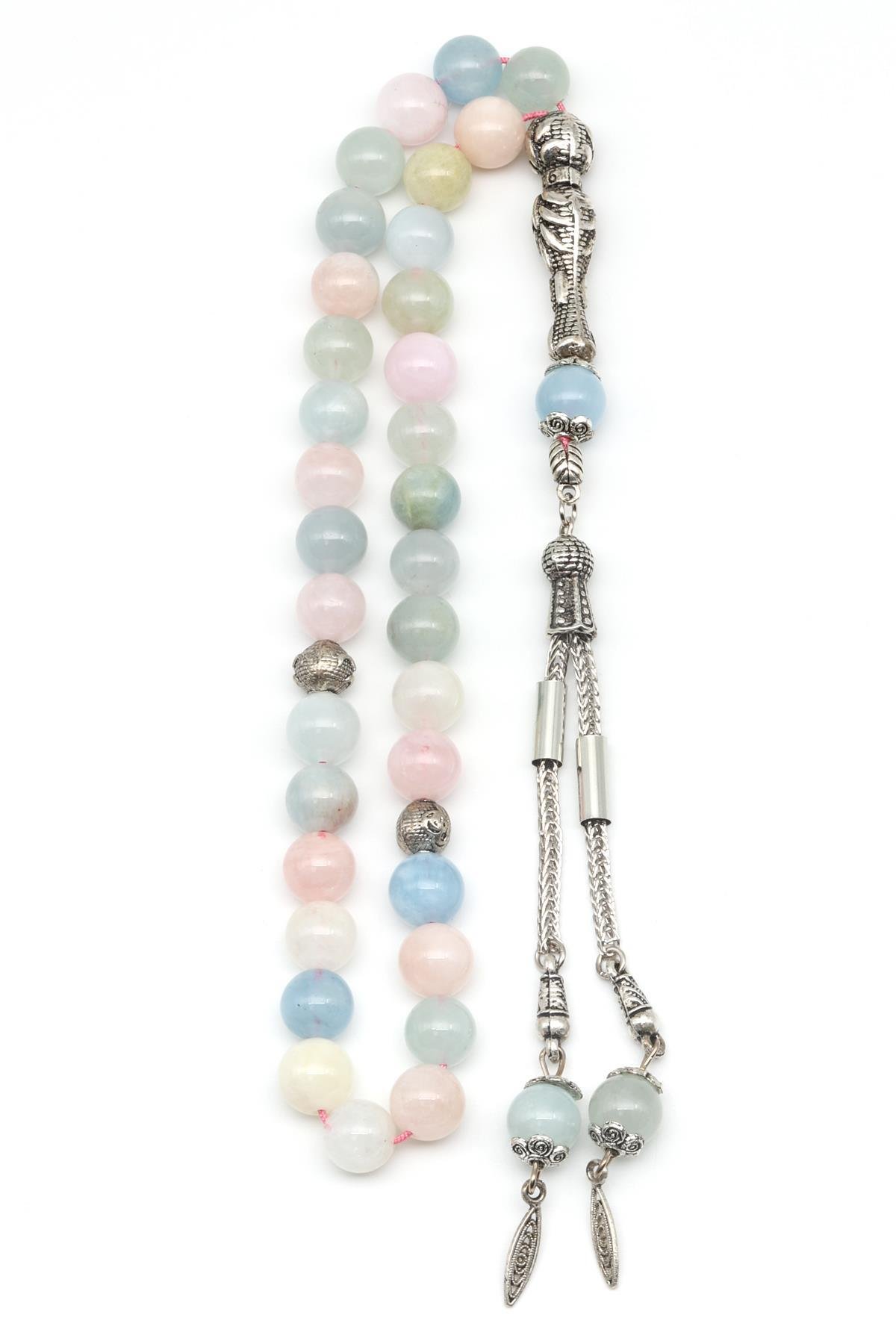 Akuamarin - Morganit - Heliodor Doğal Taş Tesbih 8 mm Küre Kesim