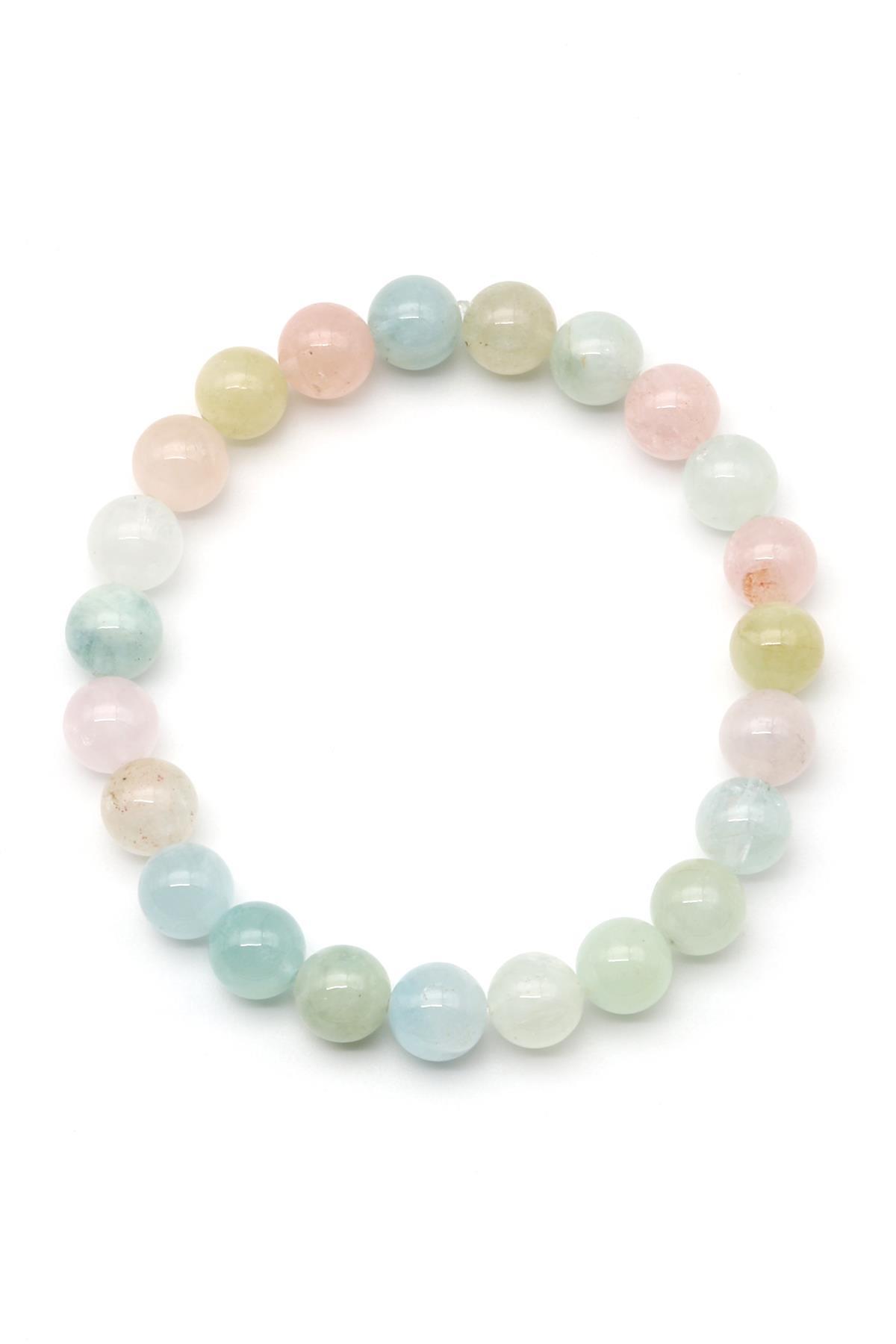 Akuamarin-Morganit-Heliodor Doğal Taş Bileklik 8 mm Küre Kesim