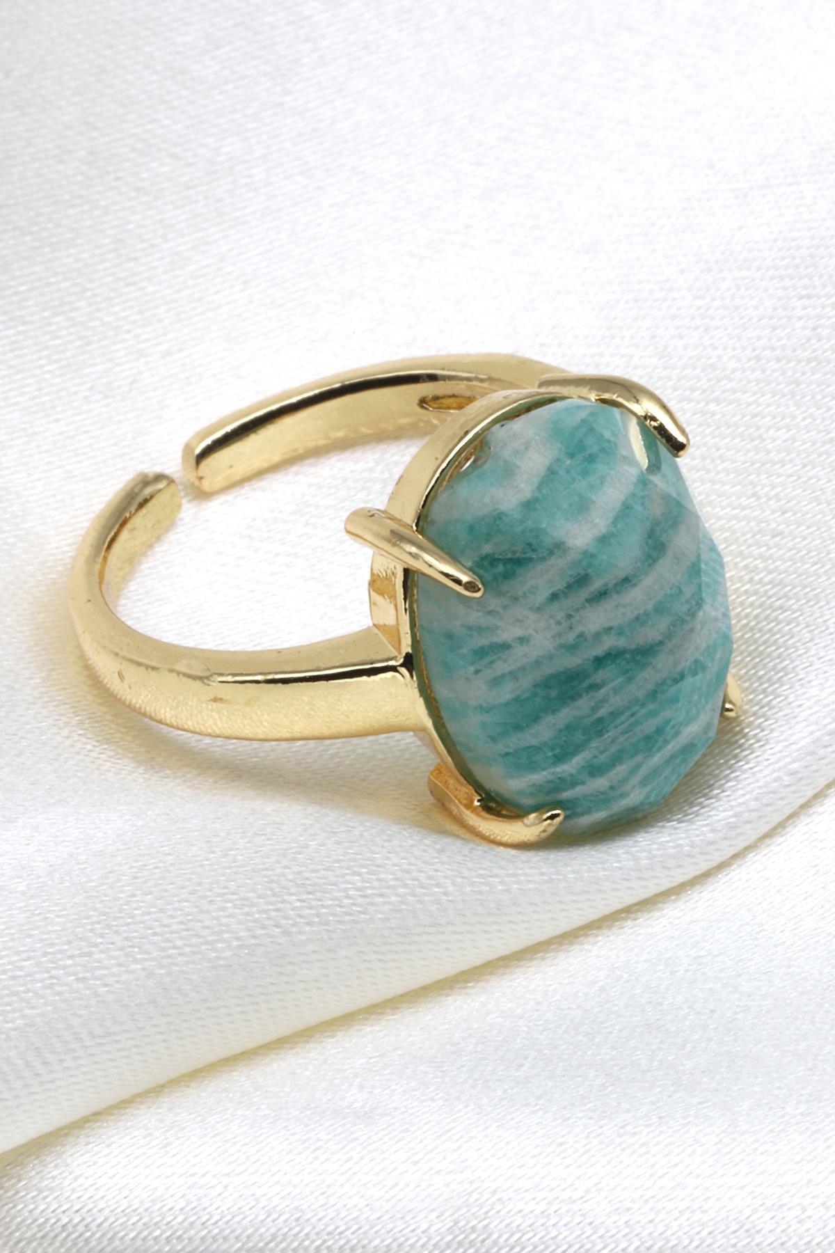 Amazonit Doğal Taş Ayarlanabilir Gold Renk Yüzük