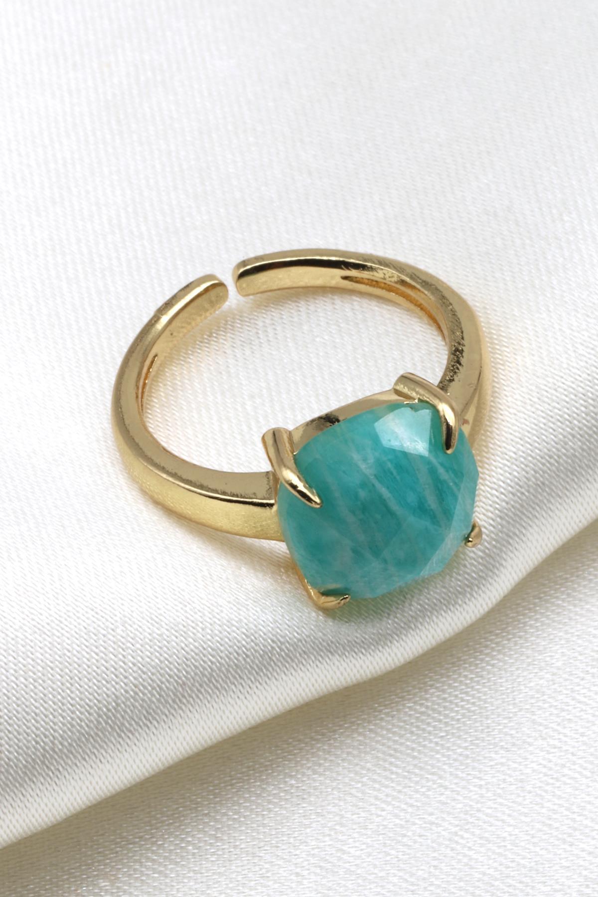 Amazonit Doğal Taş Ayarlanabilir Gold Renk Yüzük
