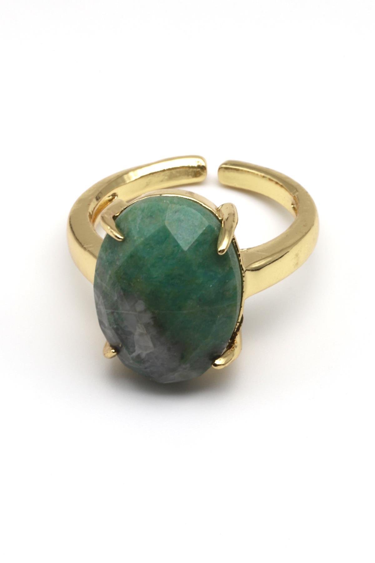 Amazonit Doğal Taş Ayarlanabilir Gold Renk Yüzük