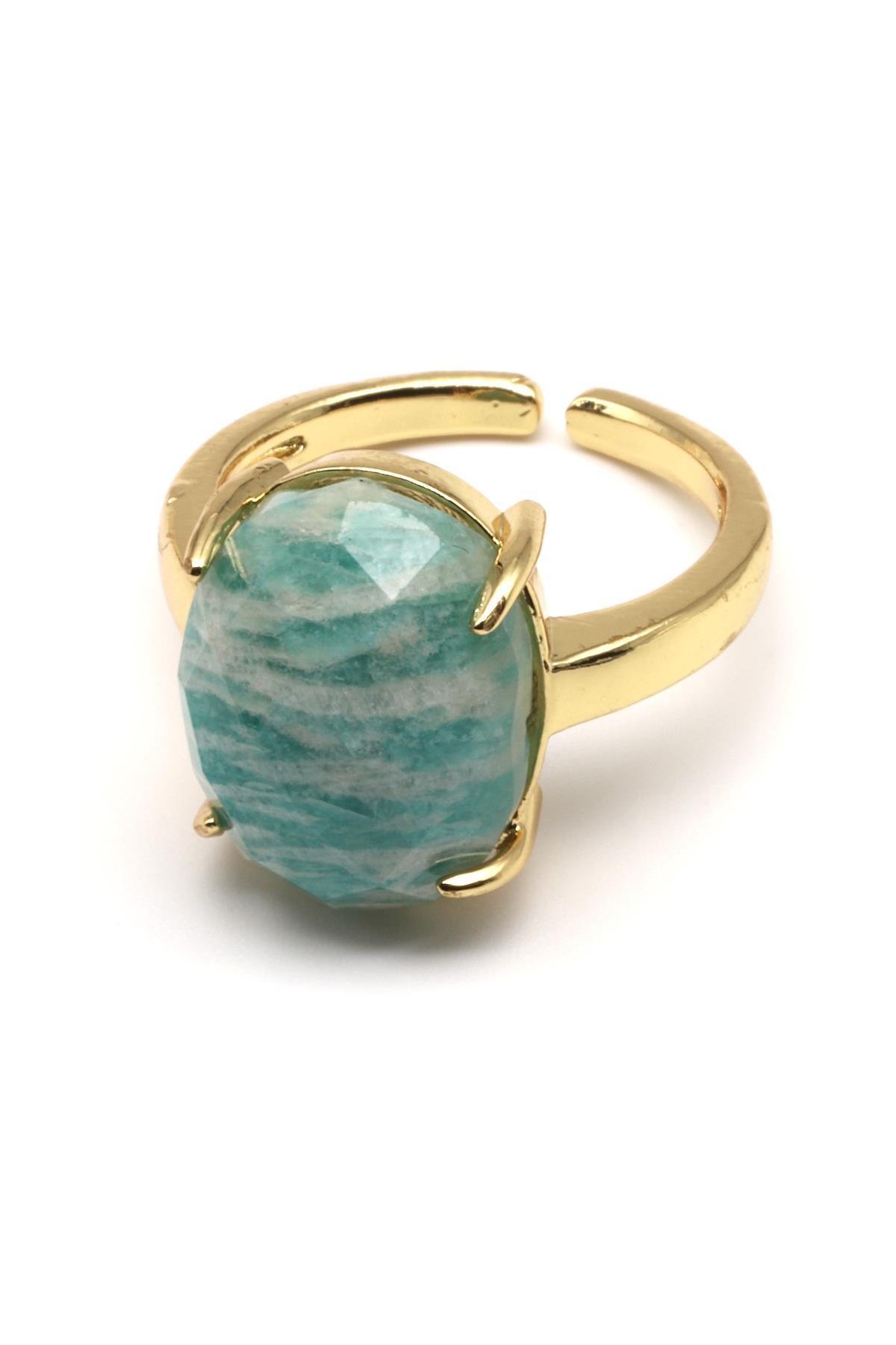 Amazonit Doğal Taş Ayarlanabilir Gold Renk Yüzük