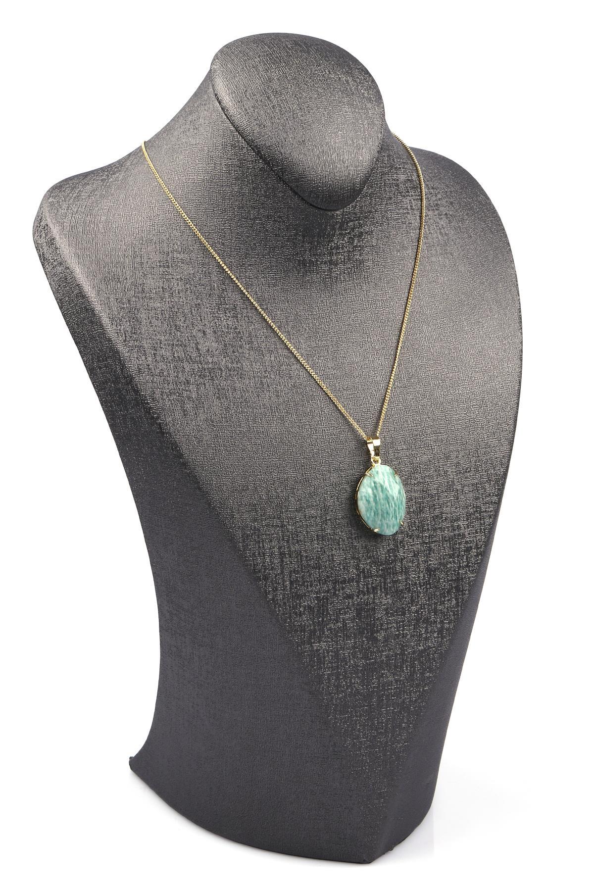 Amazonit Doğal Taş Gold Renkli Kolye