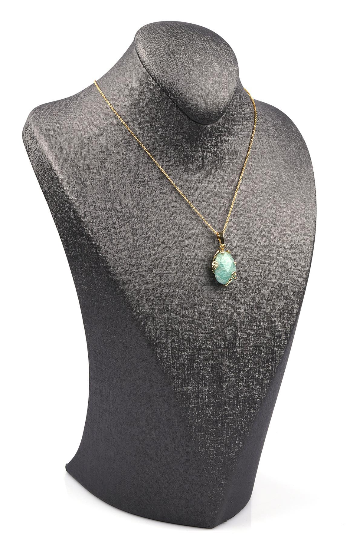 Amazonit Doğal Taş Gold Renkli Kolye