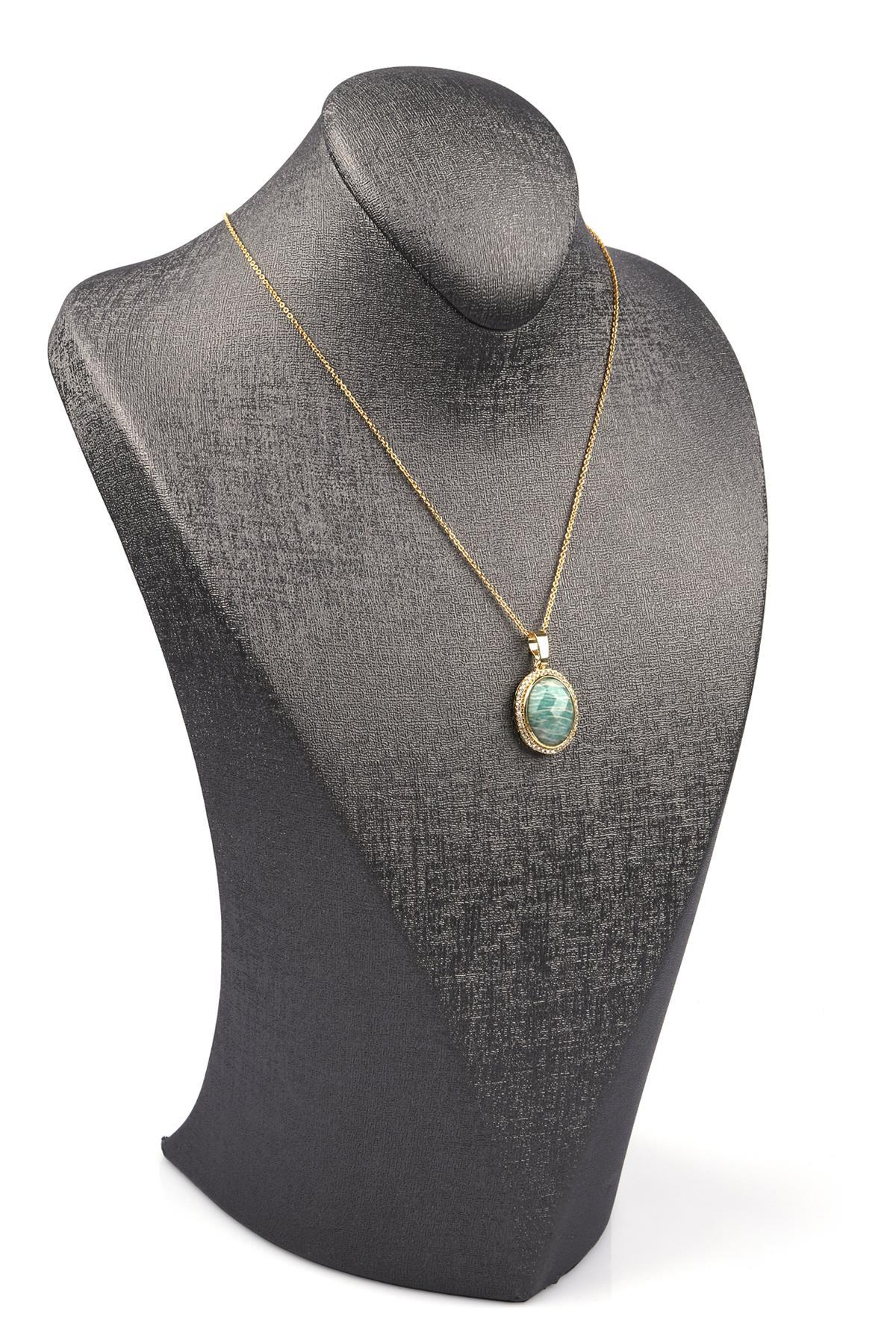 Amazonit Doğal Taş Gold Renkli Kolye