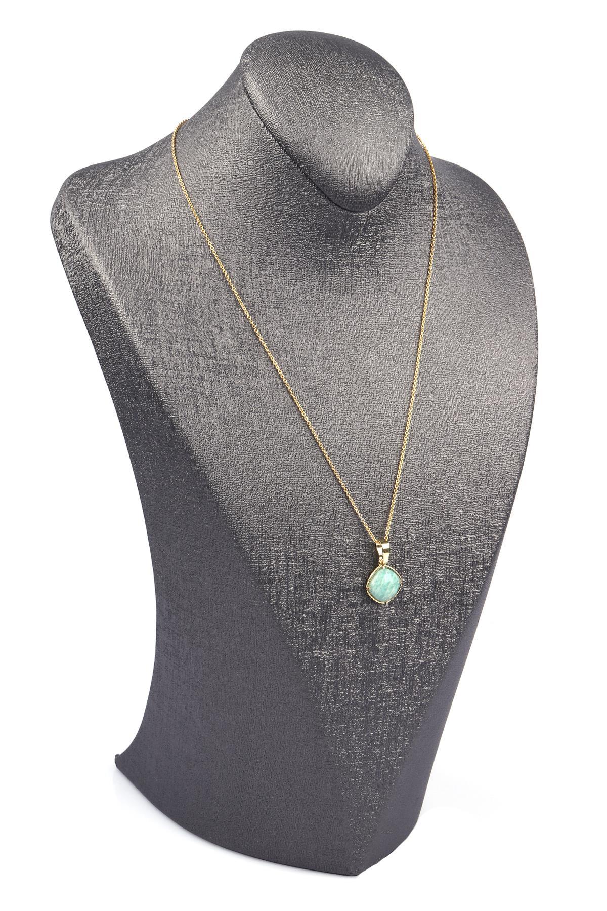 Amazonit Doğal Taş Gold Renkli Kolye