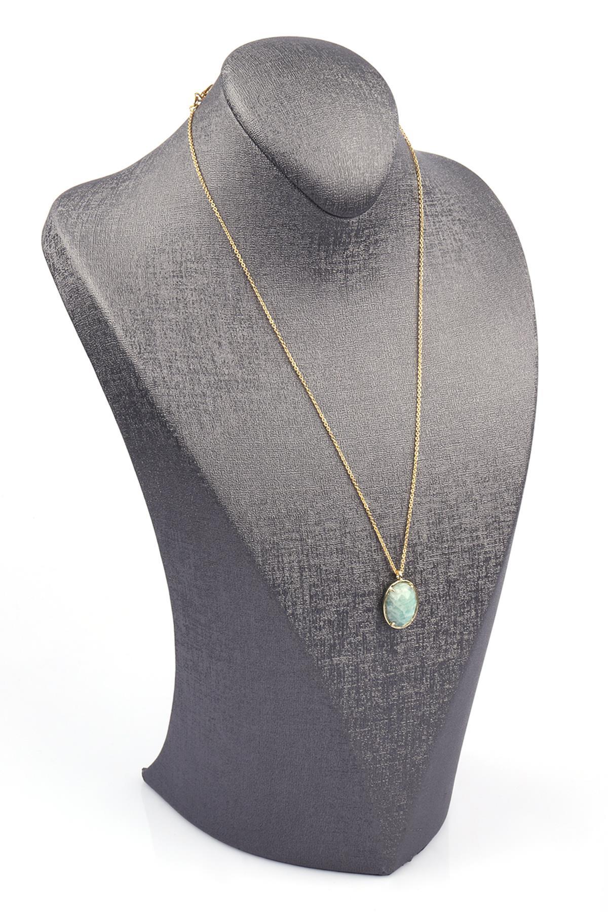 Amazonit Doğal Taş Gold Renkli Kolye