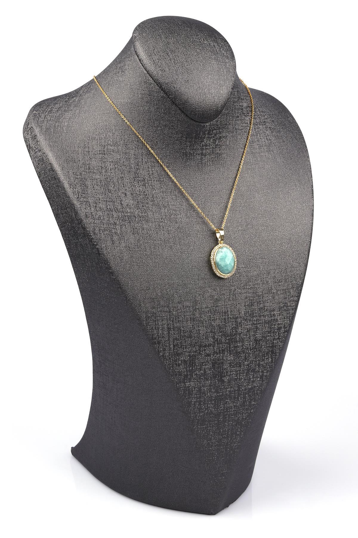 Amazonit Doğal Taş Gold Renkli Kolye