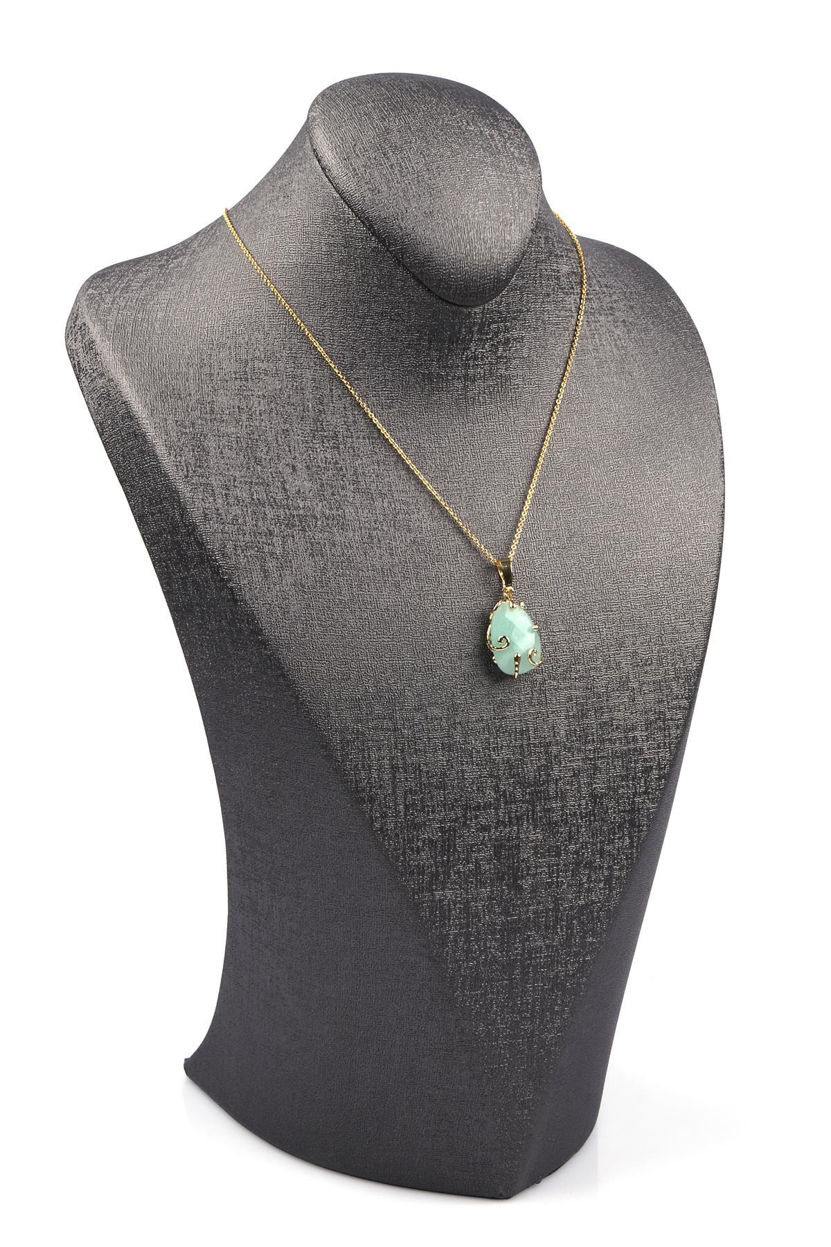 Amazonit Doğal Taş Gold Renkli Kolye