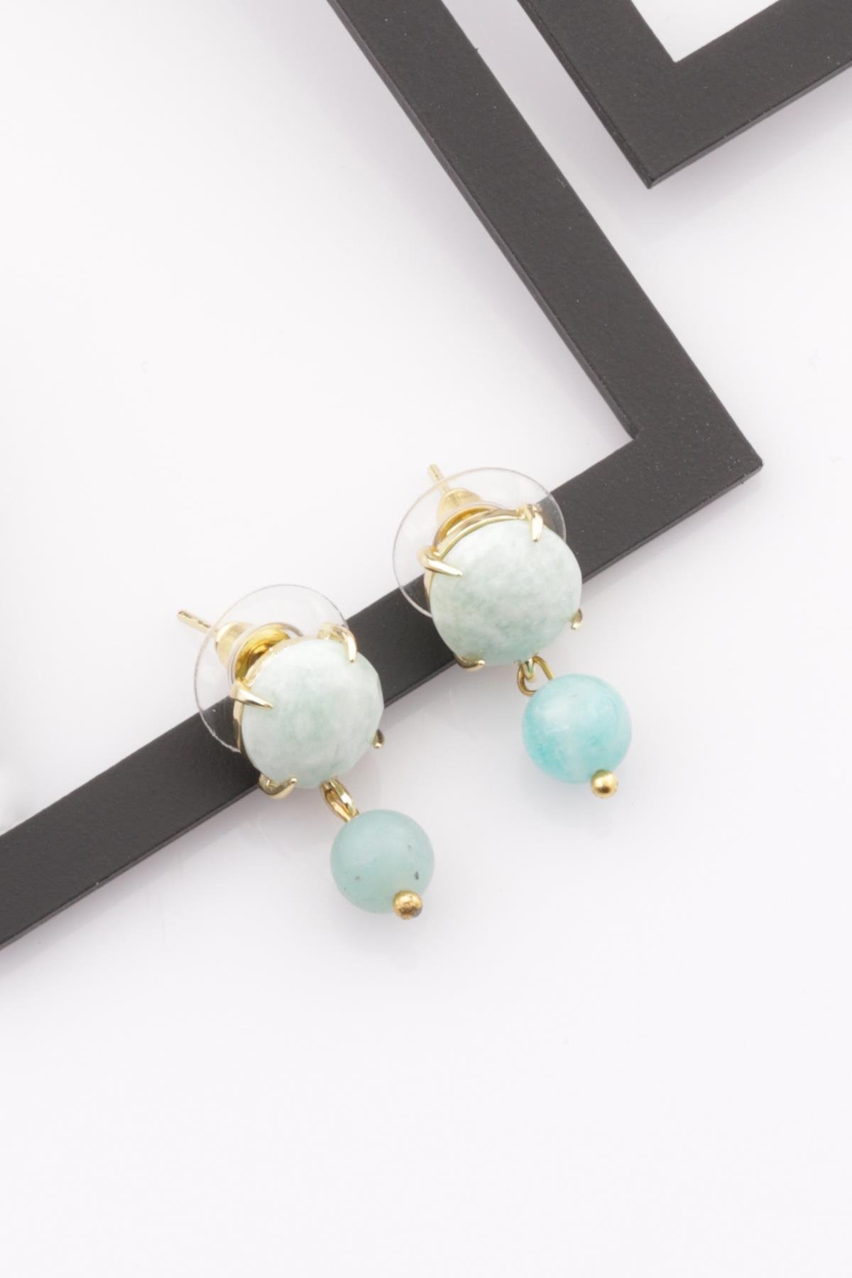 Amazonit Doğal Taş Gold Renkli Küpe